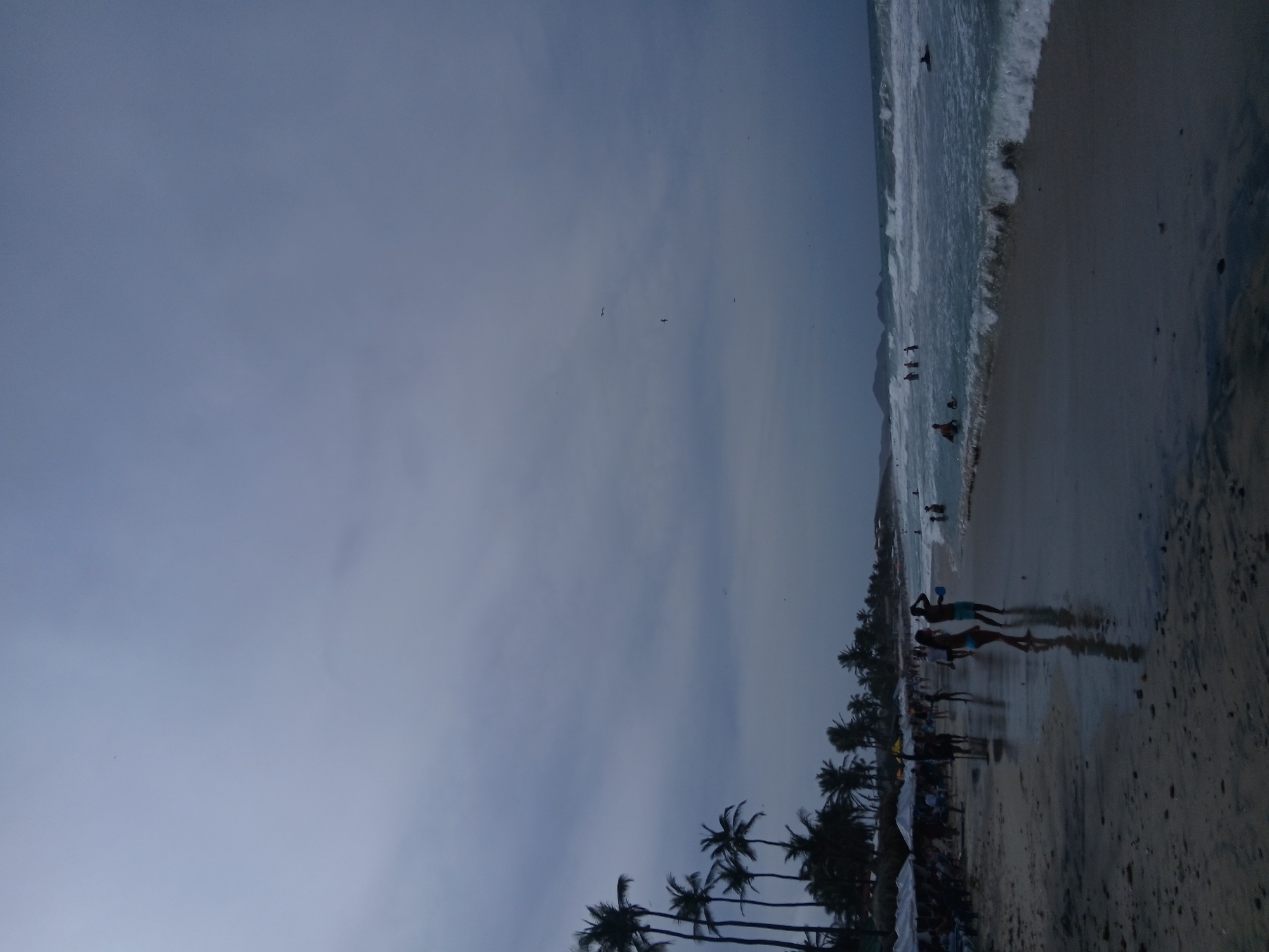 The image depicts a beach scene at Playa Parguito, Venezuela. The photo is oriented sideways. The sky is a light, overcast blue. Below the sky, a line of palm trees lines the beach. The beach is sandy and appears wet. Waves are crashing onto the shore, and several people are in the water or walking along the beach. Two people are standing on the beach.