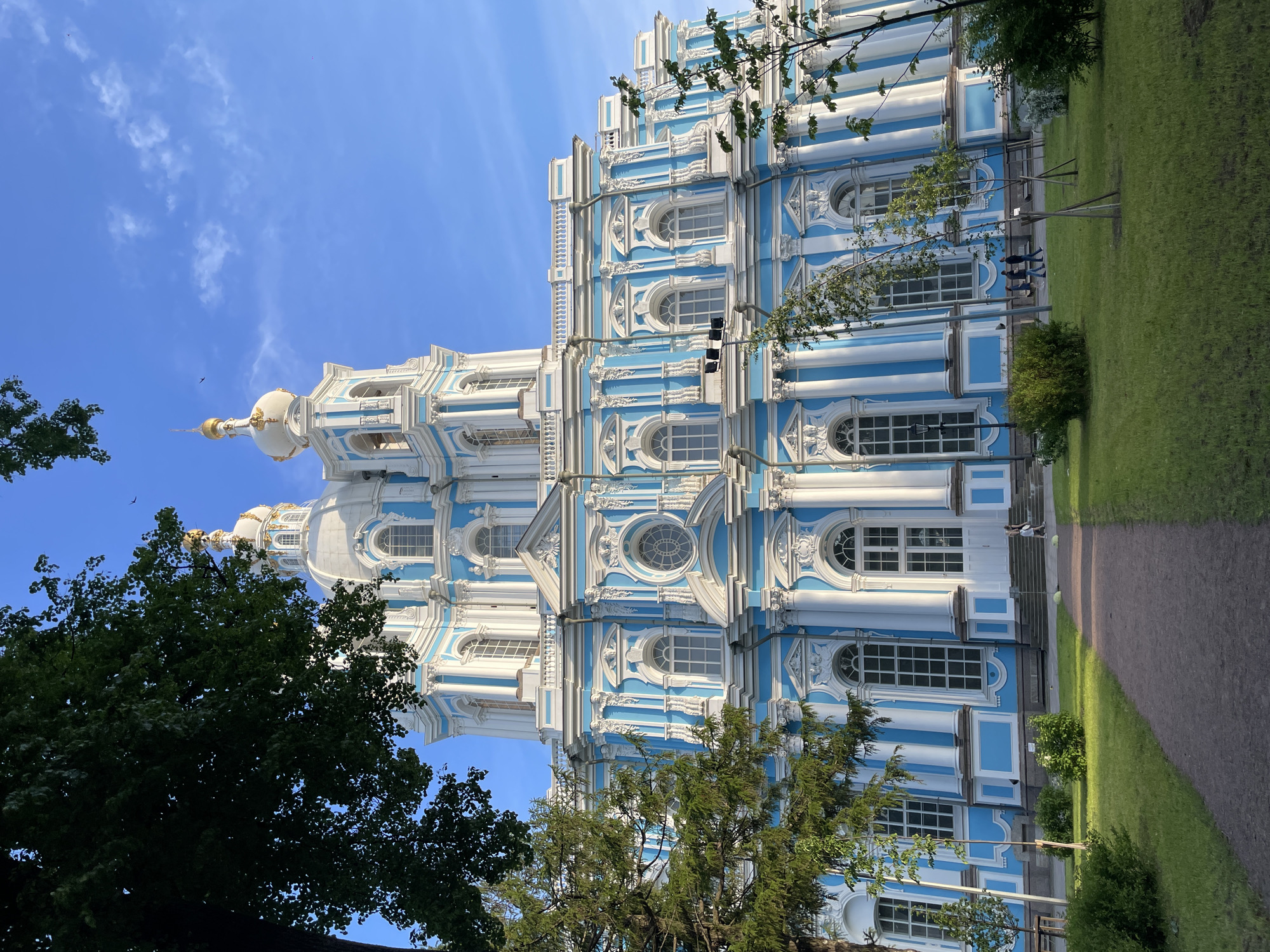 This image depicts the Smolny Cathedral in St. Petersburg, Russia. The large Baroque-style cathedral dominates the frame, showcasing a light blue and white facade with extensive white decorative stucco work, numerous columns, pilasters, and tall arched windows. Multiple white domes topped with golden onion-shaped finials and crosses are visible against the clear, bright blue sky, which contains a few wispy white clouds. Two prominent bell towers, also crowned with golden finials, rise towards the sky.
In the foreground, a park or garden area features a curved light brown dirt path leading towards the cathedral. Lush green grass covers the ground, interspersed with several small green bushes and younger trees, some supported by wooden stakes. A large, dark-leafed deciduous tree is prominently positioned in the upper left, partially obscuring the cathedral's upper section. A conifer tree with dark green needles stands in the mid-left.
Several people are visible in the scene. On the lower right, an adult and a child ascend a small set of steps towards an entrance at the base of the cathedral. Further back and to the right, a group of three adults walks in a line on a path adjacent to the building. Additional figures are faintly discernible on the far right, near the cathedral.
The scene is well-lit by natural sunlight, casting shadows and accentuating the architectural details of the cathedral. White downspouts are visible on the blue sections of the building. The base of the cathedral is constructed of dark grey stone.