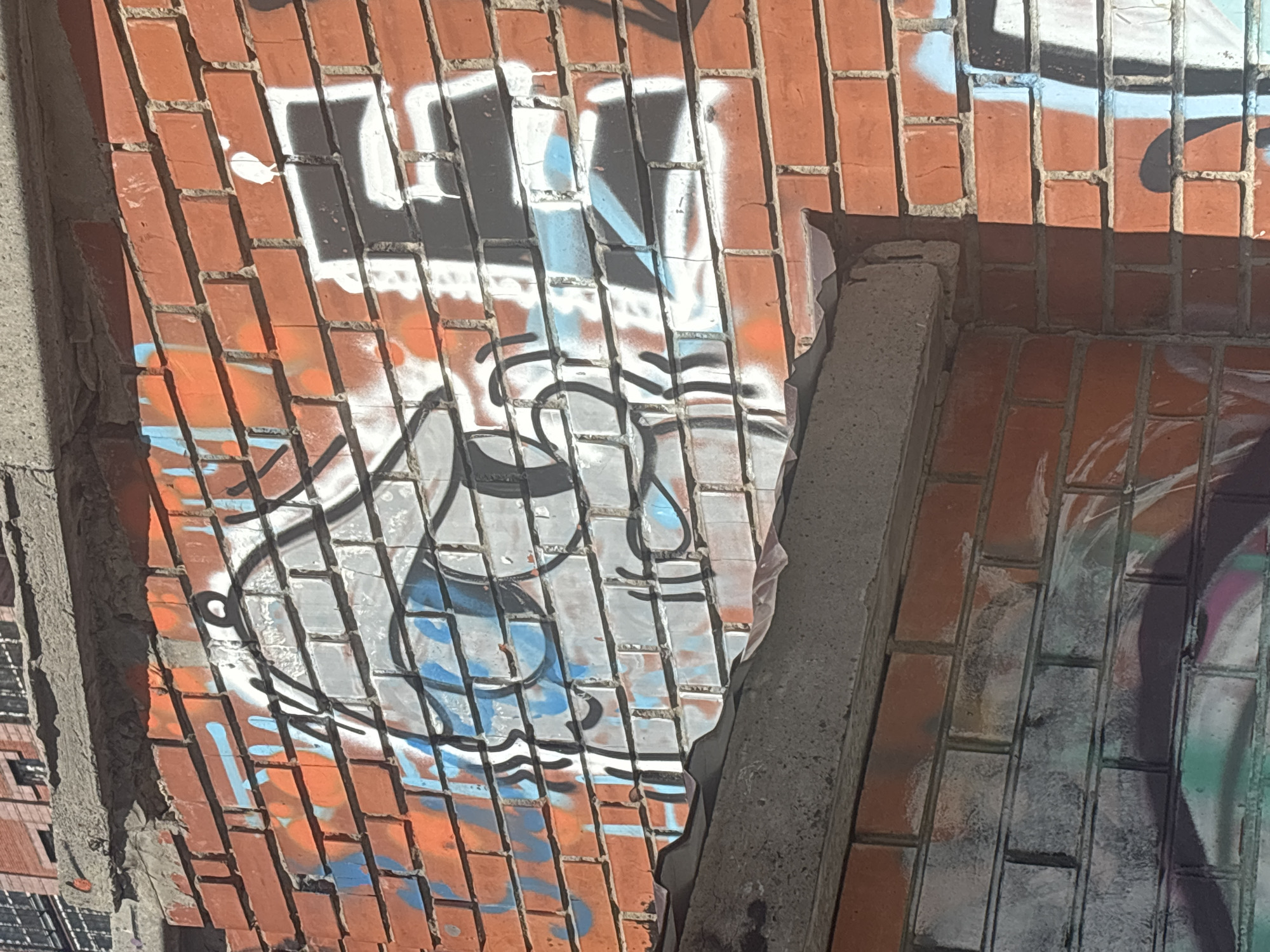 A close-up, eye-level shot focuses on a brick wall covered in graffiti in Novosibirsk, Russia. The graffiti features a cartoonish face with a cap and sunglasses, rendered in black, white, and gray with accents of orange and blue. To the right, a large white "E" is partially visible, also outlined in black. A concrete overhang runs across the top of the frame, casting a shadow on the graffiti. Below, another brick wall section shows more graffiti, including abstract shapes in pink, green, and black. The scene appears to be an outdoor urban environment, likely an alley or the side of a building, given the textures and layering of graffiti. The lighting suggests a sunny day, with harsh shadows indicating direct sunlight.