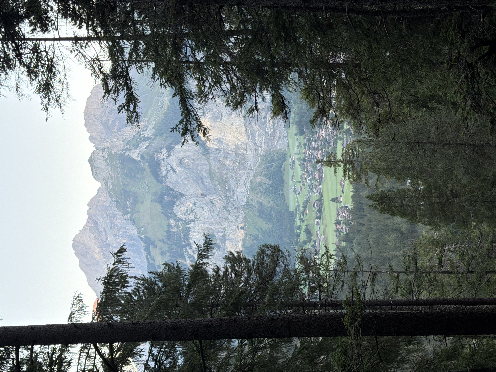 The image displays a scenic view of a valley and mountains, framed by dark coniferous trees in the foreground. The valley floor is a patchwork of green fields with scattered buildings, suggesting a rural or semi-rural settlement, likely in or near Kandersteg, Switzerland, given the mountainous terrain. The background features imposing, rugged mountains with a mixture of rocky faces and vegetated slopes, possibly touched by the soft light of either dawn or dusk. The sky above is a pale, clear hue. The scene is composed of natural elements: trees, mountains, and a village nestled within the landscape. There are no people or animals visible in the image.
