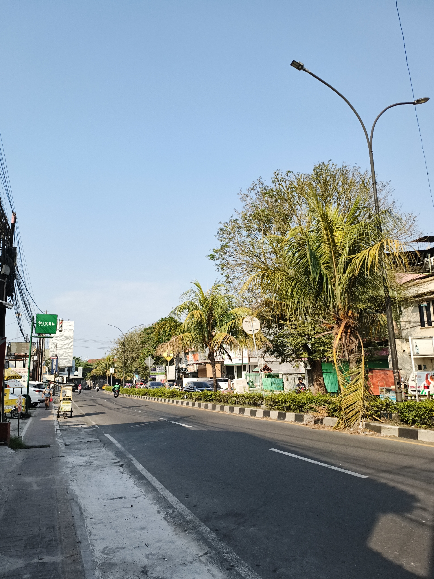 The image captures a street scene in Cianjur, Indonesia, under a clear blue sky. The street is paved and lined with a sidewalk on the left. Several vehicles, including cars and motorcycles, are present on the road, with some traffic visible in the distance. On the right side of the street, there are buildings and a variety of trees, including palm trees. A street light with two lamps stands tall on the right. The sidewalk has some debris and a handcart. A green sign with the word "PIXEL" is visible on the left, indicating a business. The overall impression is that of a moderately busy urban environment.