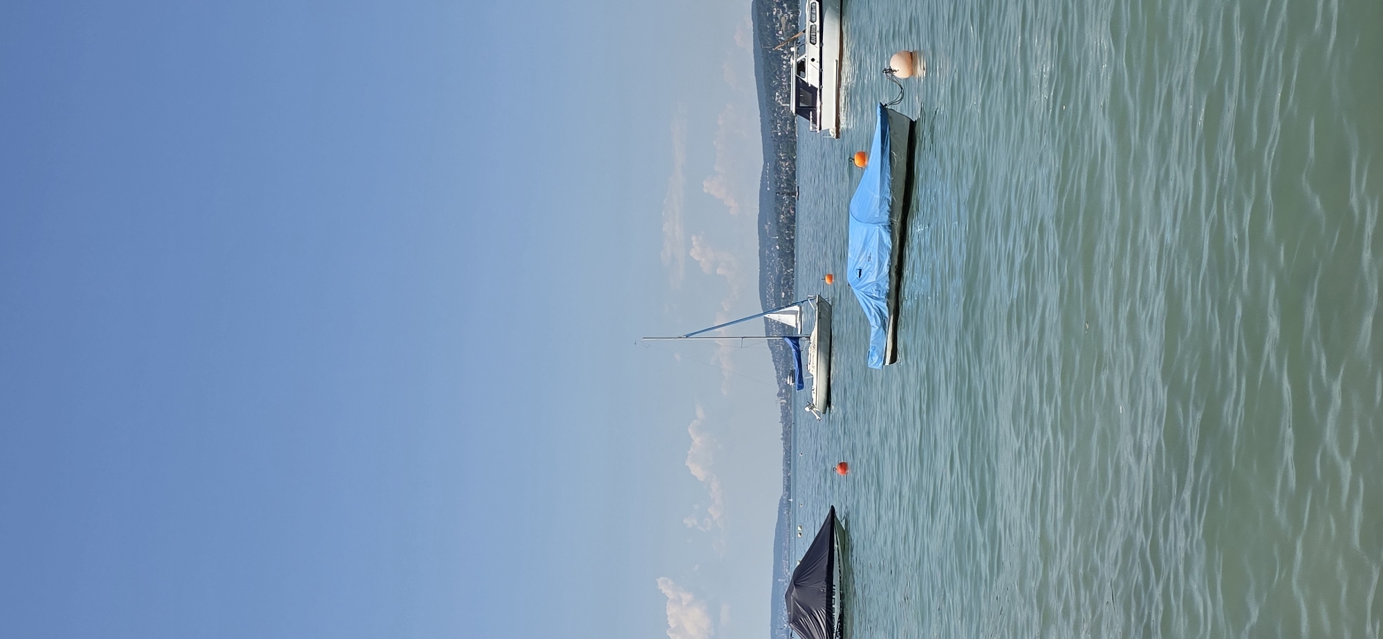 The image depicts a serene scene on a body of water, likely Lake Zurich, near Oberrieden, Switzerland, under a clear blue sky with scattered white clouds. Several boats are visible, some docked and others moored. To the left, a boat is covered with a dark tarp. In the middle ground, a white sailboat with a blue sail is prominently displayed, its mast reaching towards the sky. Another boat, covered in a blue tarp, is positioned closer to the foreground. To the right, a white motorboat with a cabin is docked or moored. Orange buoys are scattered in the water, marking the area. The shoreline in the distance shows a gentle slope with trees and buildings, characteristic of the area around Oberrieden. The water itself is calm with gentle ripples, reflecting the sky and surrounding elements. There are no people visible in the image.