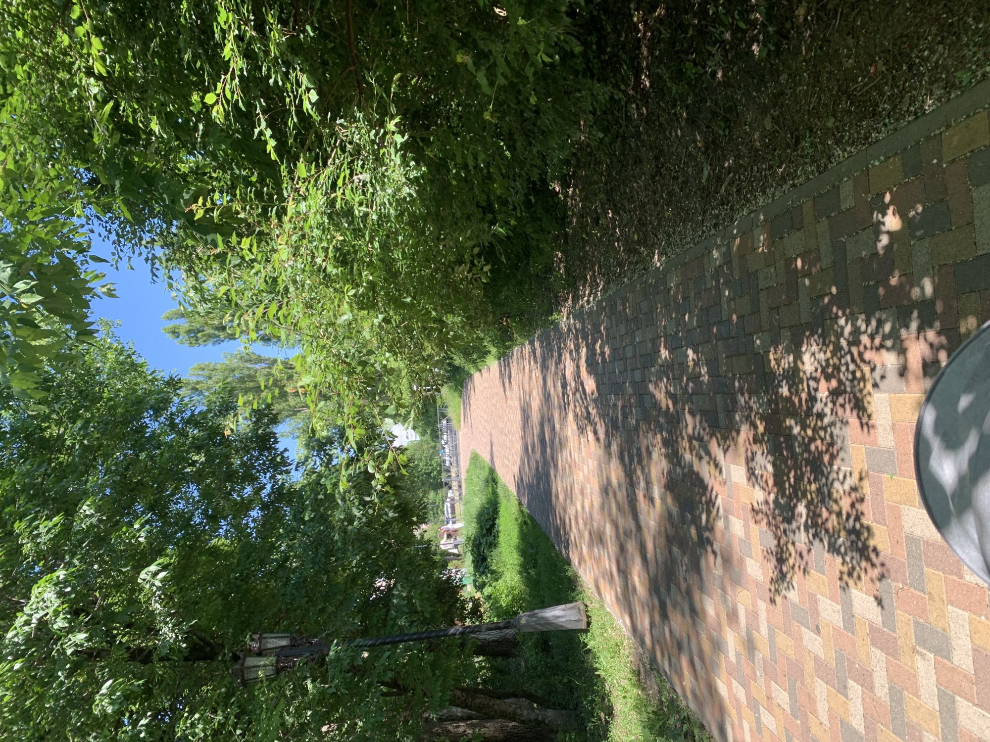 A paved pathway winds through a park-like setting. The pathway is constructed of multi-colored rectangular bricks laid in a herringbone pattern. Lush green trees and bushes line both sides of the pathway. In the foreground, shadows from the leaves and branches of trees are cast across the pavement. On the left side of the pathway, a lamppost with two lanterns is visible. In the background, several tall, slender trees stand against a clear blue sky. A glimpse of cars and buildings can be seen in the far distance. The overall impression is that of a sunny day in a well-maintained outdoor public space. This scene is likely located in the city of Stavropol, Russia, given the context.