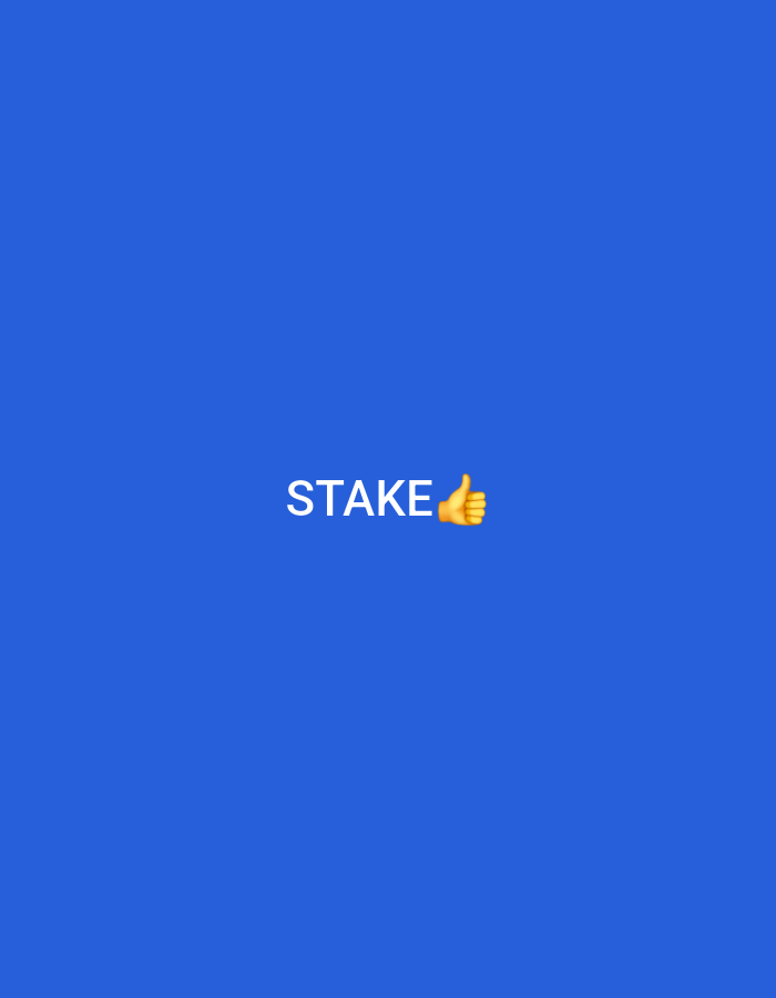 The image is a blue background with the word "STAKE" in white followed by a thumbs-up emoji. There is no indication of location within Yerevan, Armenia or other people, subjects, objects, actions, or interactions.