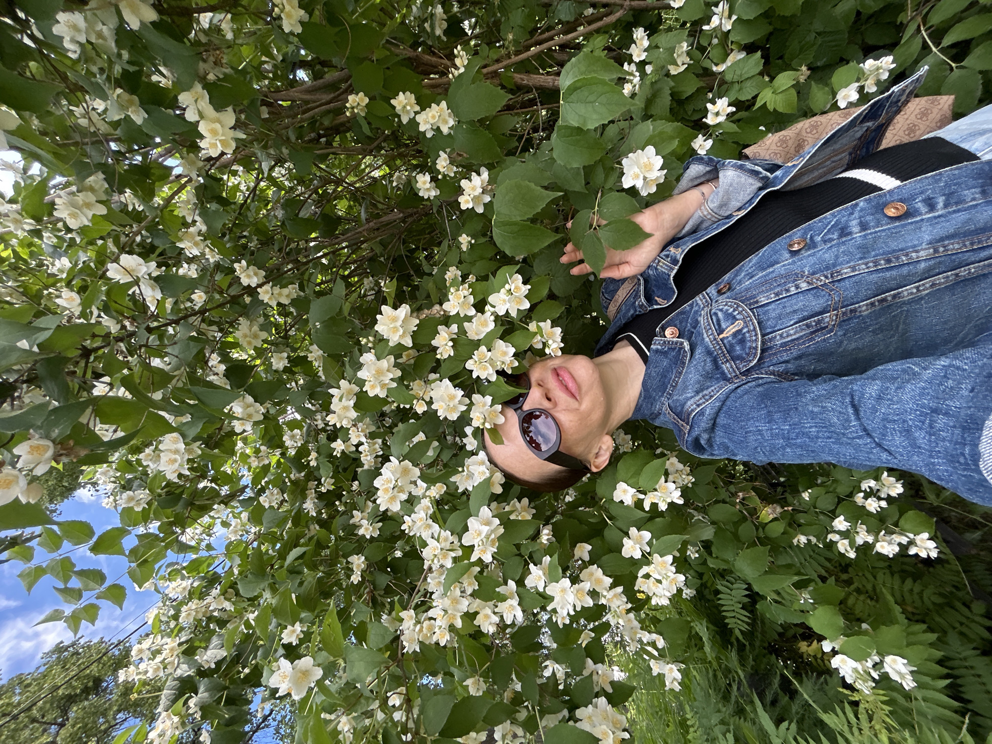 A woman is taking a selfie outdoors, in front of a large flowering jasmine bush. She is wearing a denim jacket over a black top and sunglasses. The bush is full of white flowers and green leaves, and the sky is visible in the background. The scene appears to be in a park or garden.