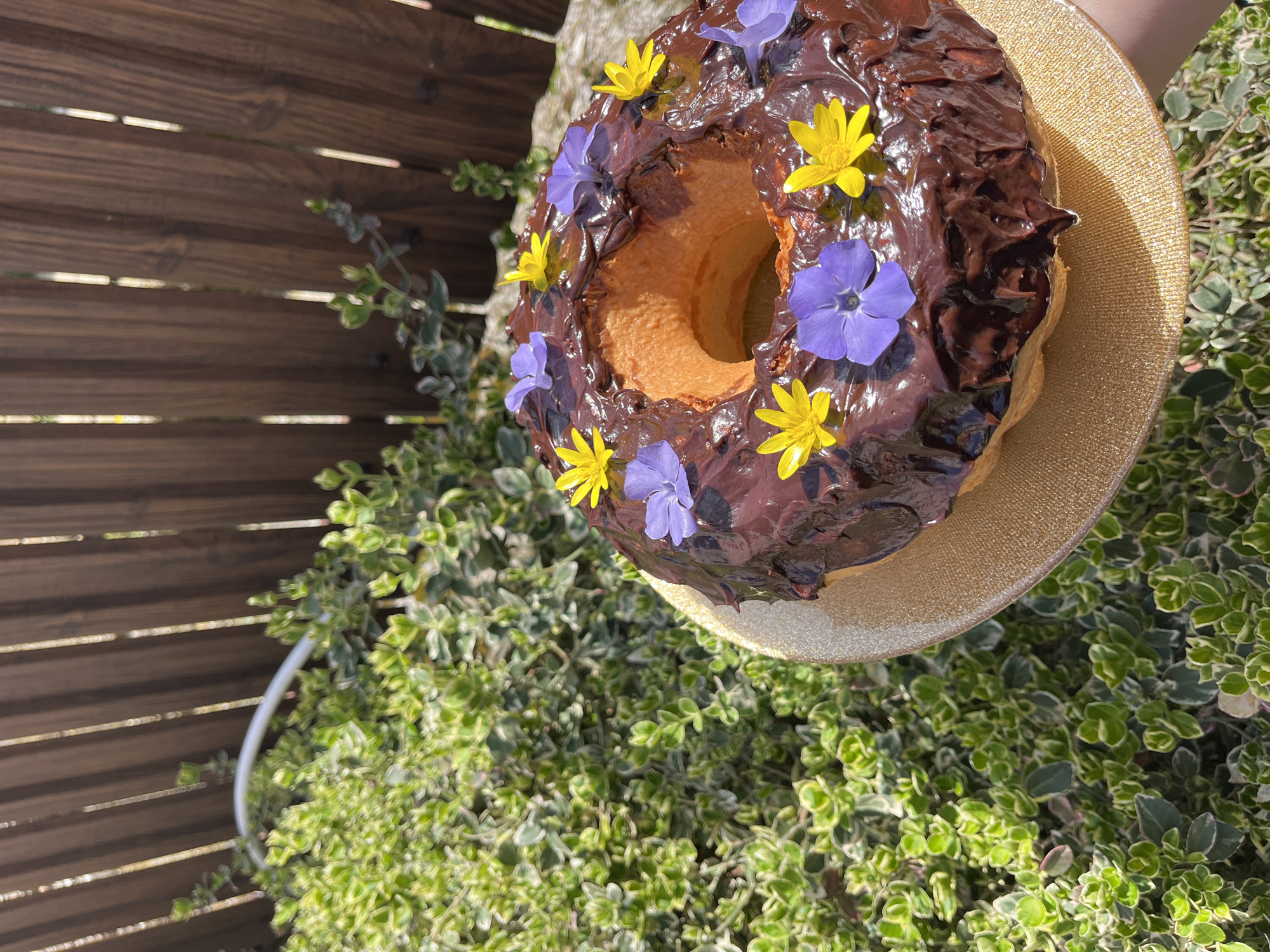 Here is a matter-of-fact description of the image:
A ring cake with chocolate frosting and topped with purple and yellow flowers is set on a gold cake stand. The cake is situated outdoors, with a wooden fence in the background and green foliage surrounding the base of the stand. The photo is taken at an elevated angle, showing the top of the cake and some of the surrounding environment. The exact location is Unknown, Unknown.
