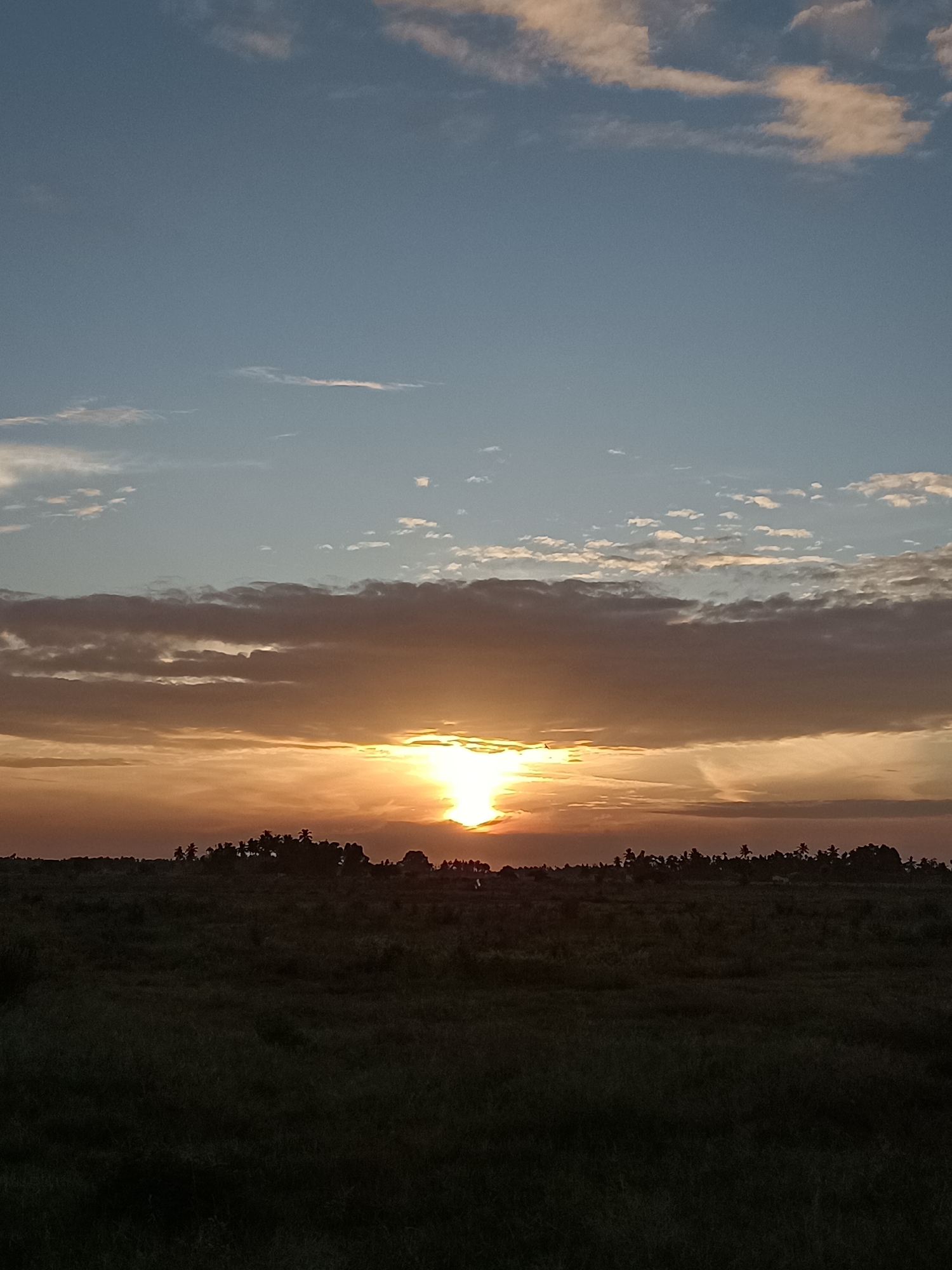 The image depicts a vast, dark, grassy field under a bright, cloudy sky. The sun is setting, casting a warm orange glow through the clouds and illuminating the horizon line. Silhouetted against the sunset is a line of trees, likely forming the edge of a landscape or a small cluster of buildings. The location in the city of Meunasah Pupu, Indonesia, suggests a rural or semi-rural setting, consistent with the natural, open environment shown. The scene is serene and tranquil, capturing the beauty of a tropical sunset over a peaceful landscape.