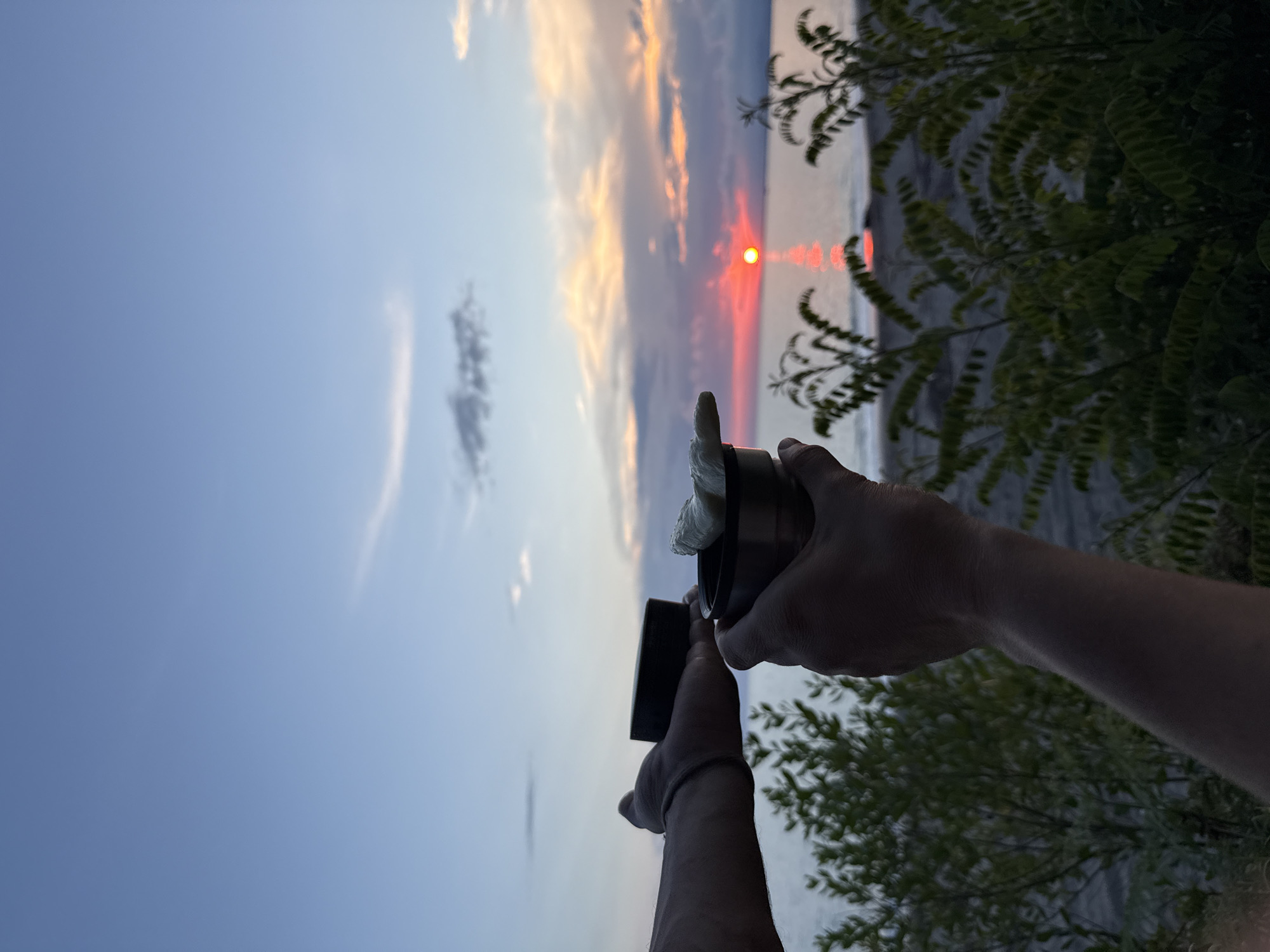 In Yuada-Gulrypsh, Abkhazia, two hands are visible against the backdrop of a serene sunset over the sea. The left hand holds a black lid, while the right hand grasps a dark metallic container from which a light-colored object, possibly food or a napkin, protrudes. The sun, a brilliant red sphere, is low on the horizon, casting a vibrant reflection on the water. Wispy clouds streak across the twilight sky, painted with hues of orange, pink, and blue. In the foreground, lush green foliage frames the scene, with the sandy shore visible beyond.