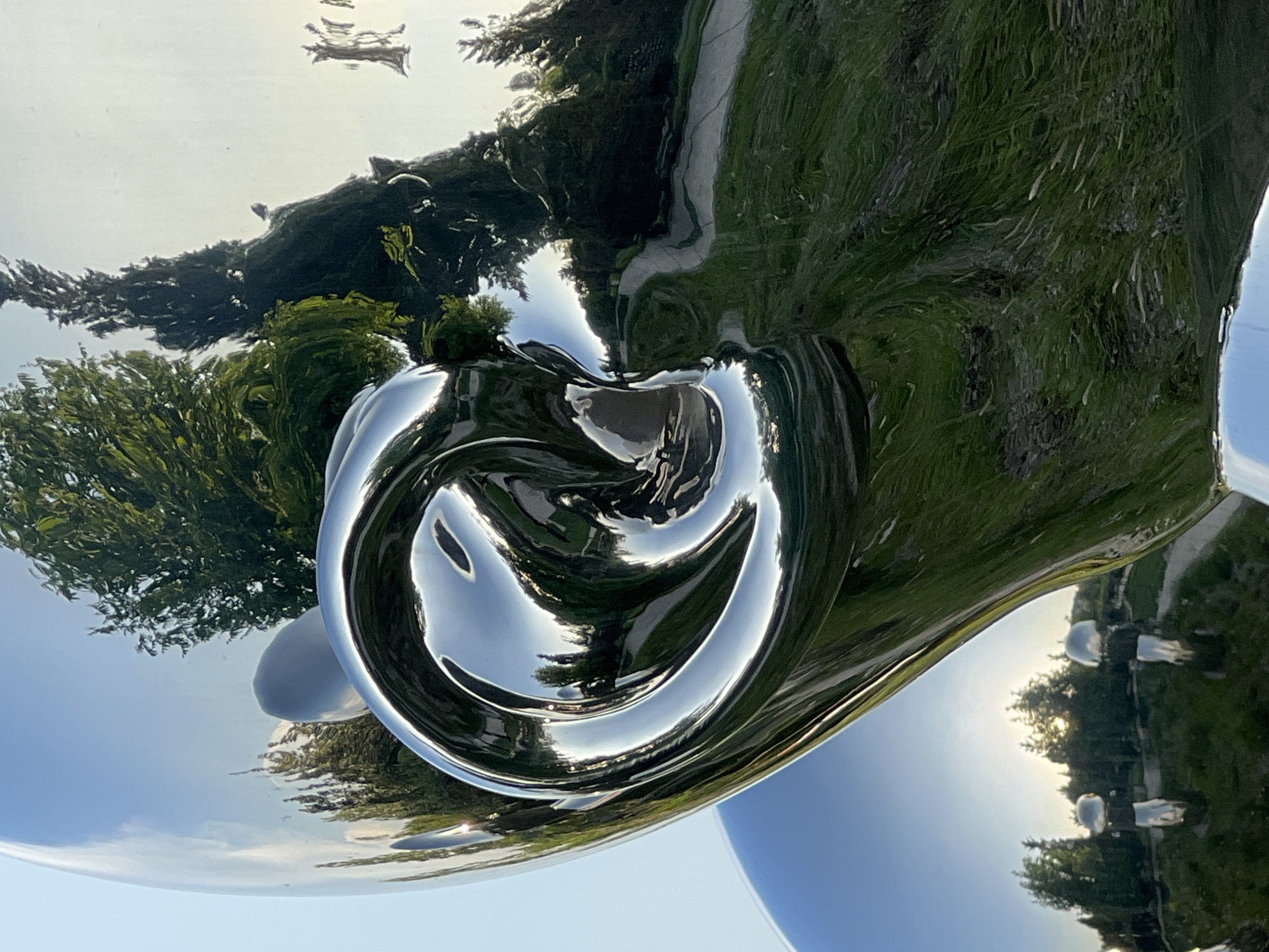 The image shows a distorted reflection on a shiny, spherical sculpture. The reflection includes trees, grass, a path, and the sky, indicating an outdoor setting. Given the prompt’s information, the location is likely a park or garden in Krasnodar, Russia. No people are visible in the direct view, but distorted human figures are visible in the reflection on the sculpture.