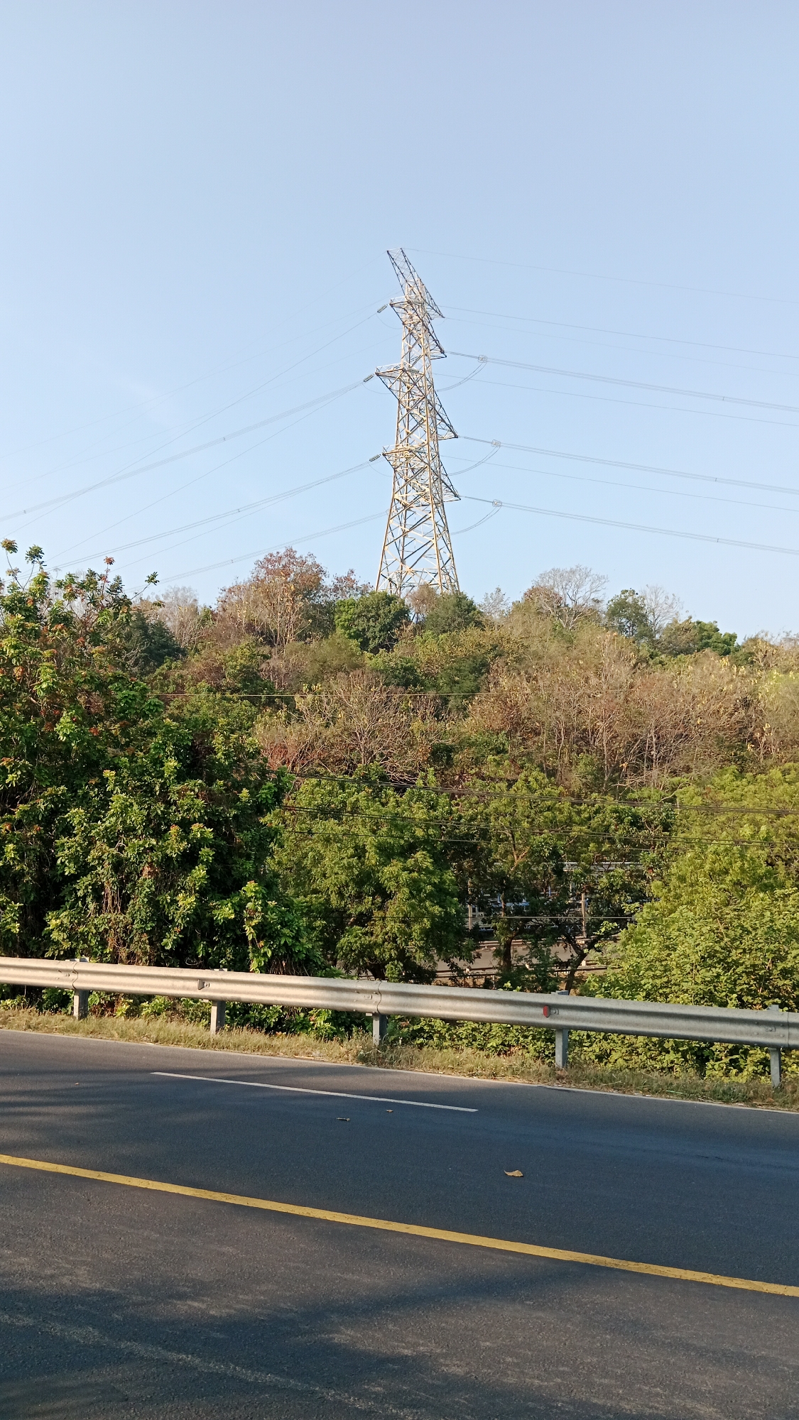 A tall, lattice-like metal electricity pylon stands prominently against a clear blue sky, situated atop a densely wooded hill. The hill is covered with a variety of trees, some with lush green foliage and others appearing to be in a state of autumnal change with brown and bare branches. Power lines extend from the pylon, disappearing into the trees and across the sky. In the foreground, a paved road with a yellow dividing line runs parallel to a metal guardrail that separates the road from the grassy verge and the base of the hill. The scene appears to be on the outskirts of Bhinar, Indonesia, likely a rural or semi-rural area where infrastructure like power lines are integrated with natural landscapes. The lighting suggests it is daytime, with shadows cast on the road. There are no people or vehicles visible in the image.