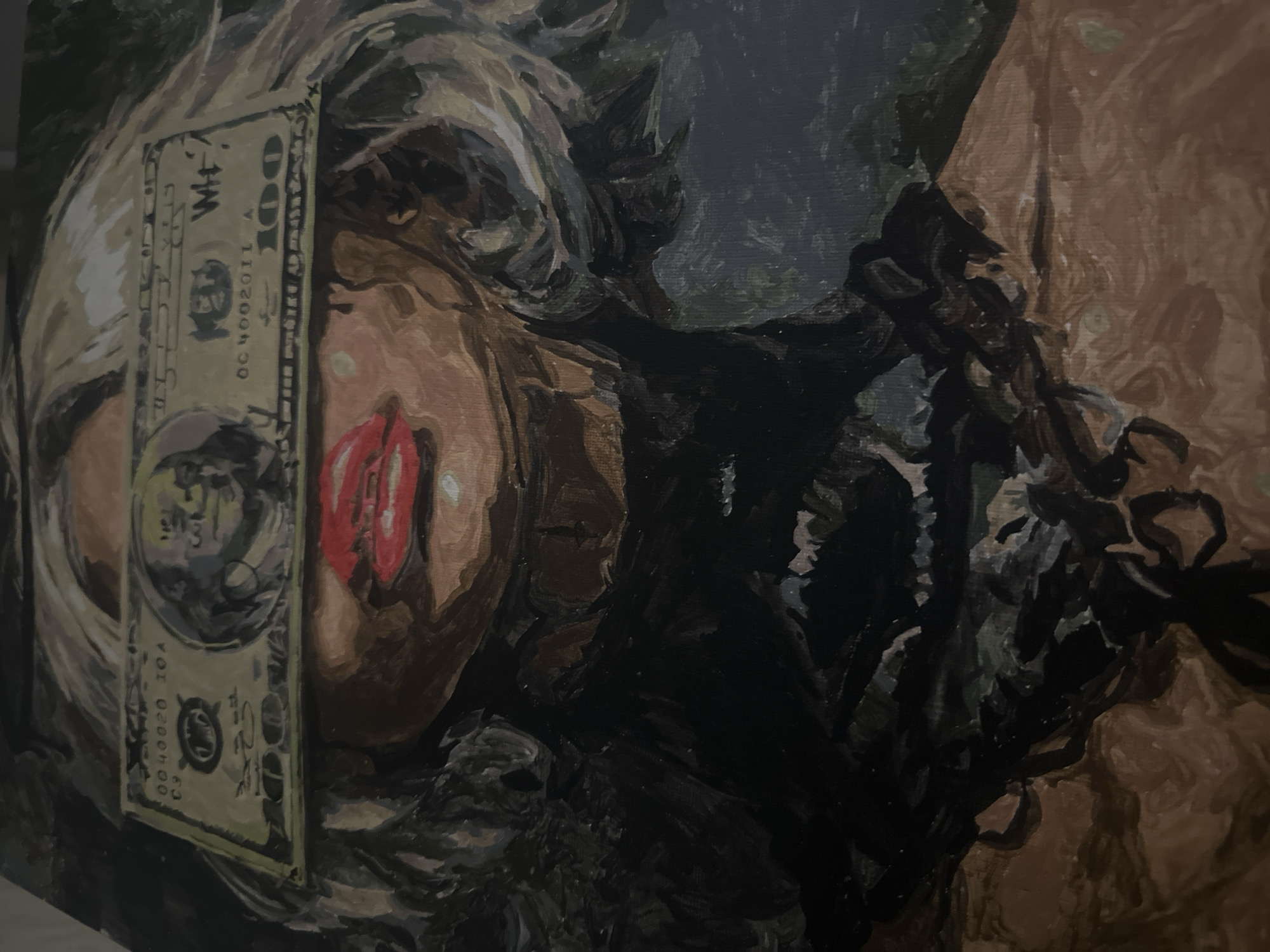 The media file displays a close-up painting of a face, likely female, rendered with visible brushstrokes. The subject's left eye is obscured by a partially visible US one hundred dollar bill. The face features prominent red lips, slightly parted, and fair skin tones, suggesting a light complexion. Light-colored hair frames the left side of the face, while darker, possibly braided or tangled elements are visible on the right, extending towards a dark, abstract background. The overall style is expressive and painterly.
There is no specific activity taking place beyond the subject posing for the portrait. The inclusion of the dollar bill over the eye suggests a symbolic element, possibly referencing themes of sight, value, or societal influence.
Notable details include the striking contrast of the red lips against the muted palette of the skin and background. The painting's technique shows thick application of paint, creating texture. The background offers no discernible location or time of day cues, being largely dark and abstract.
Visible text on the dollar bill includes "100", "FEDERAL RESERVE NOTE", "THE UNITED STATES OF AMERICA", "WH-Y", "OC4002011", and "0040020 10A". Portions of Benjamin Franklin's portrait are also discernible on the bill.