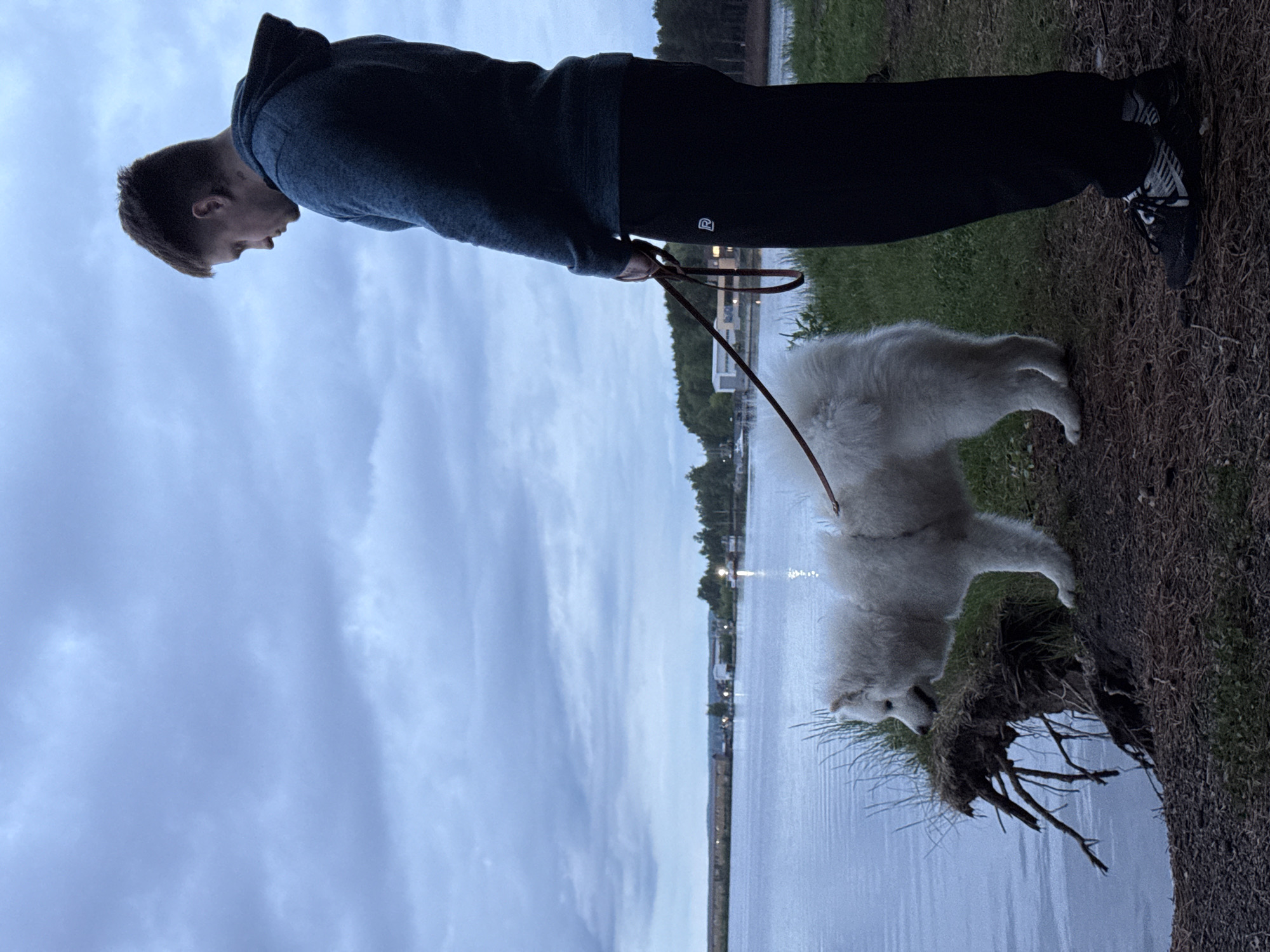 A fair-skinned, presumably young man with short blond hair wears a blue-gray hooded sweater, black pants with a white logo, and black and white sneakers. He holds a brown leather leash connected to a large, white Samoyed dog. The dog is standing on the edge of a grassy area near a body of water, possibly sniffing the ground. The water is calm and reflects the cloudy sky above. In the background across the water, there are buildings and trees, likely along a shoreline. Based on visual landmarks and data, the location is in the city of Chaikovsky, Russia.