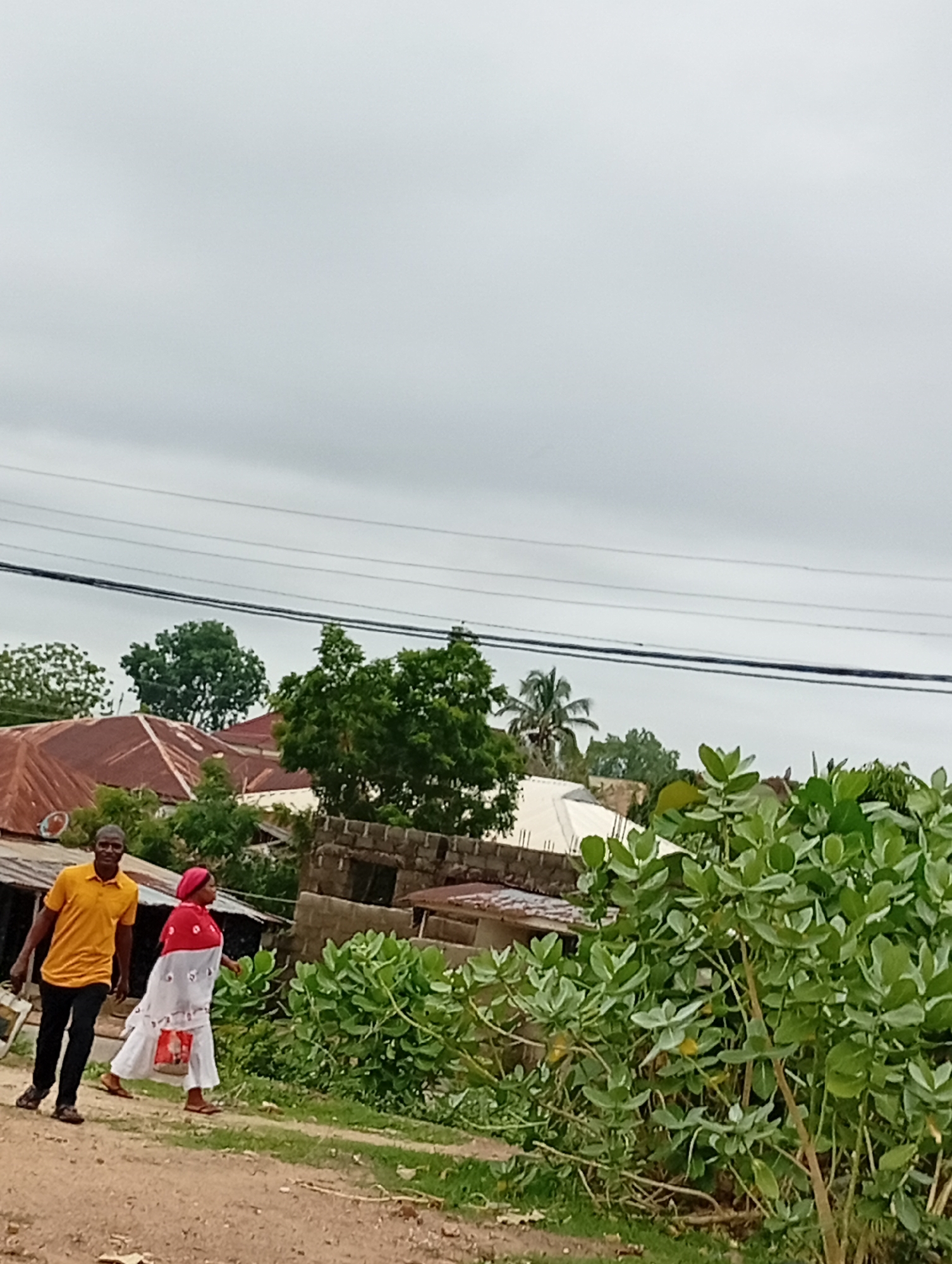 In Lokoja, Nigeria, a man in a yellow shirt and black pants walks on a dirt path. He is next to a woman wearing a white dress, red headscarf, and carrying a purse. The background includes houses with corrugated roofs, green trees, and a cloudy sky. Power lines are overhead. Vegetation grows along the side of the path.