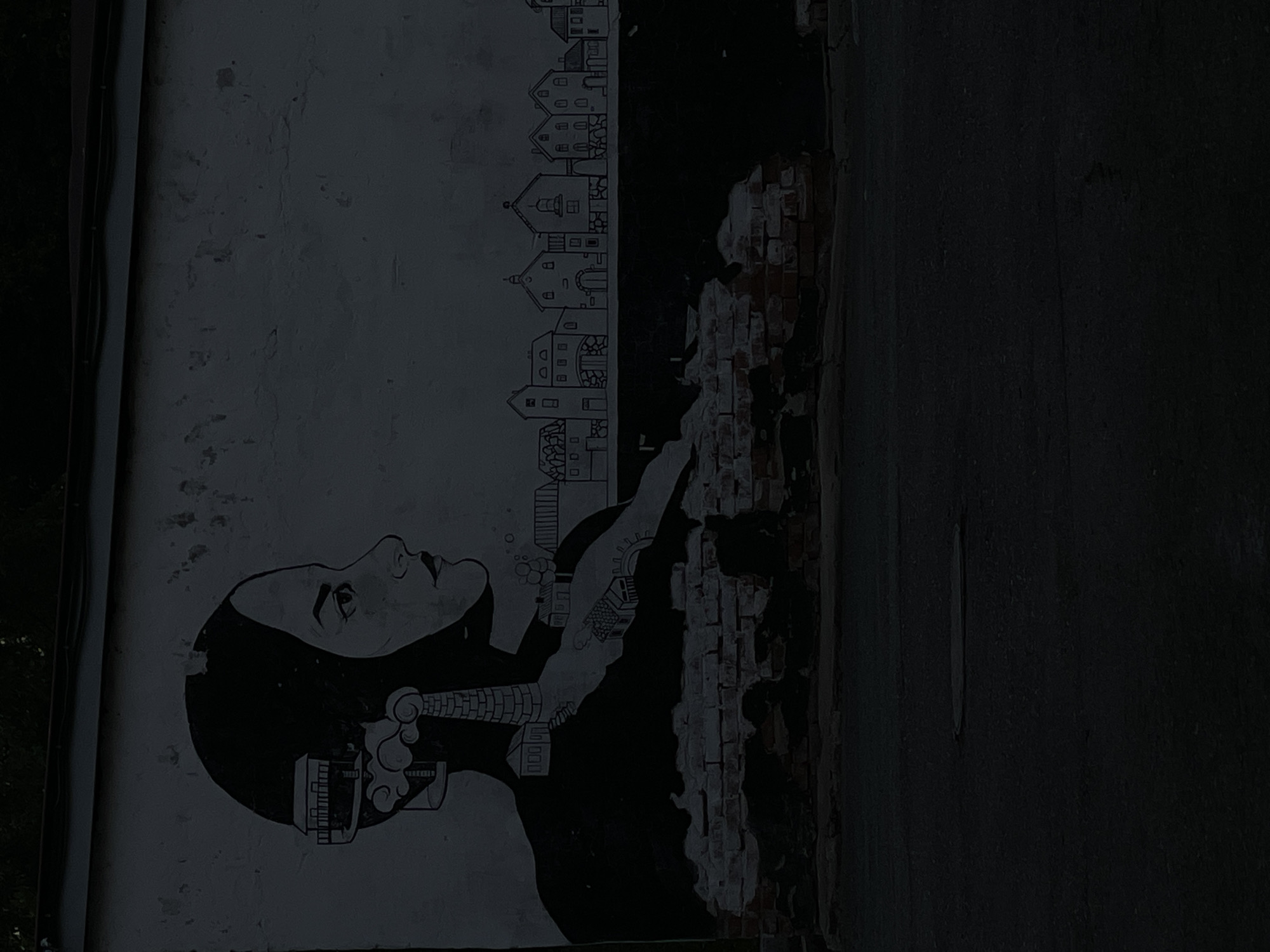 A black and white mural is painted on a textured, off-white wall. The mural depicts a profile view of a woman's head, wearing a hijab. Inside her head, a miniature house is visible, perched on a circular platform supported by a chimney with smoke emanating from it. Below the woman's head and shoulders, a row of stylized houses with distinct architectural features forms a skyline. The bottom of the mural transitions into exposed brickwork, with some areas of the wall missing, revealing the underlying bricks. In front of the wall, a dark asphalt surface is visible, with a circular manhole cover in the lower portion of the frame. The lighting is dim, suggesting it might be evening or a shaded area. The location is described as Unknown, Unknown.