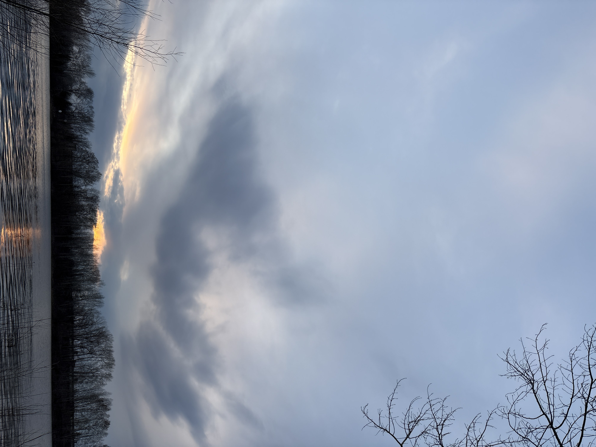 This landscape image, likely taken in Chaikovsky, Russia, depicts a serene and somewhat dramatic natural scene, possibly during sunrise or sunset in late autumn, winter, or early spring.
The lower portion of the frame is occupied by a body of water, possibly a river or lake, characterized by subtle ripples and reflections of light across its surface. Along the far bank of this water body, a dense and continuous line of bare, deciduous trees forms a dark silhouette against the brighter sky.
Above the tree line, the sky is a prominent feature, filled with a mix of light blue and various shades of grey clouds. A striking band of bright, golden-yellow light pierces through the clouds near the horizon, indicating the low position of the sun. This luminous band creates a strong contrast with the darker, textured clouds around it, which appear to swirl across the sky.
In the foreground, on either side of the frame, the intricate, leafless branches of other trees are visible, partially framing the view and suggesting the perspective is from a shoreline or bank.
The overall impression is one of quiet contemplation, with the starkness of the bare trees and the dramatic sky conveying a sense of vastness and natural beauty. No human activity or visible text is present in the image.