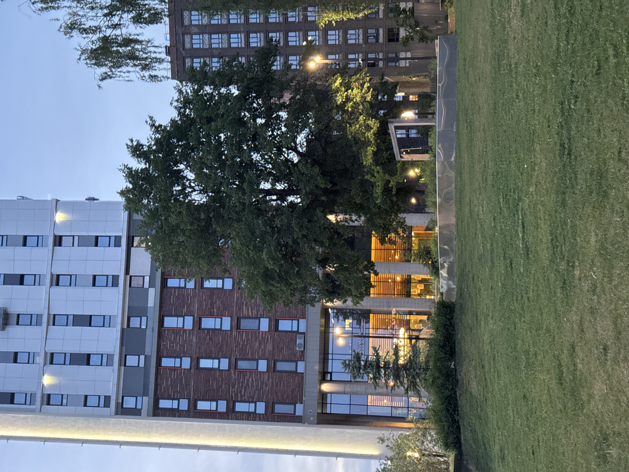 The image shows a cityscape in Izhevsk, Russia, at dusk. In the foreground is a green lawn. Behind the lawn is a modern building with a glass facade, brick and white panels. The building signage indicates "Boulevard of Plastova". Behind and to the right of the glass facade, a green tree hides other structures. Tall buildings with multiple windows are visible, extending into the background. The sky is a gradient of light blue.