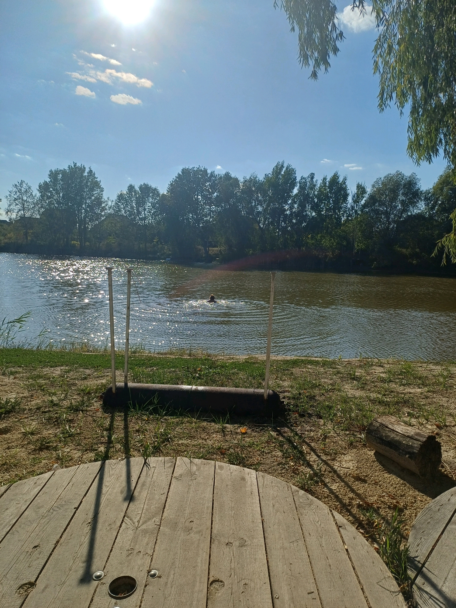 A sunny outdoor scene depicts a body of water, likely a river or lake, in Sulymivka, Ukraine. The water is rippled, reflecting the bright sun and the surrounding trees. In the middle of the water, a person is swimming, with only their head and shoulders visible above the surface.
In the foreground, there is a wooden structure, possibly a table made from a large cable spool, with planks laid out in a circular pattern. Next to it, on the sandy ground with sparse grass, are two upright metal poles connected by a dark, cylindrical object, possibly a frame or support. A chopped log lies to the right of this structure. The background is lined with dense green trees, indicating a natural or semi-natural environment. The sky is blue with a few wispy clouds and the sun is prominently visible, casting bright highlights on the water and long shadows on the ground.