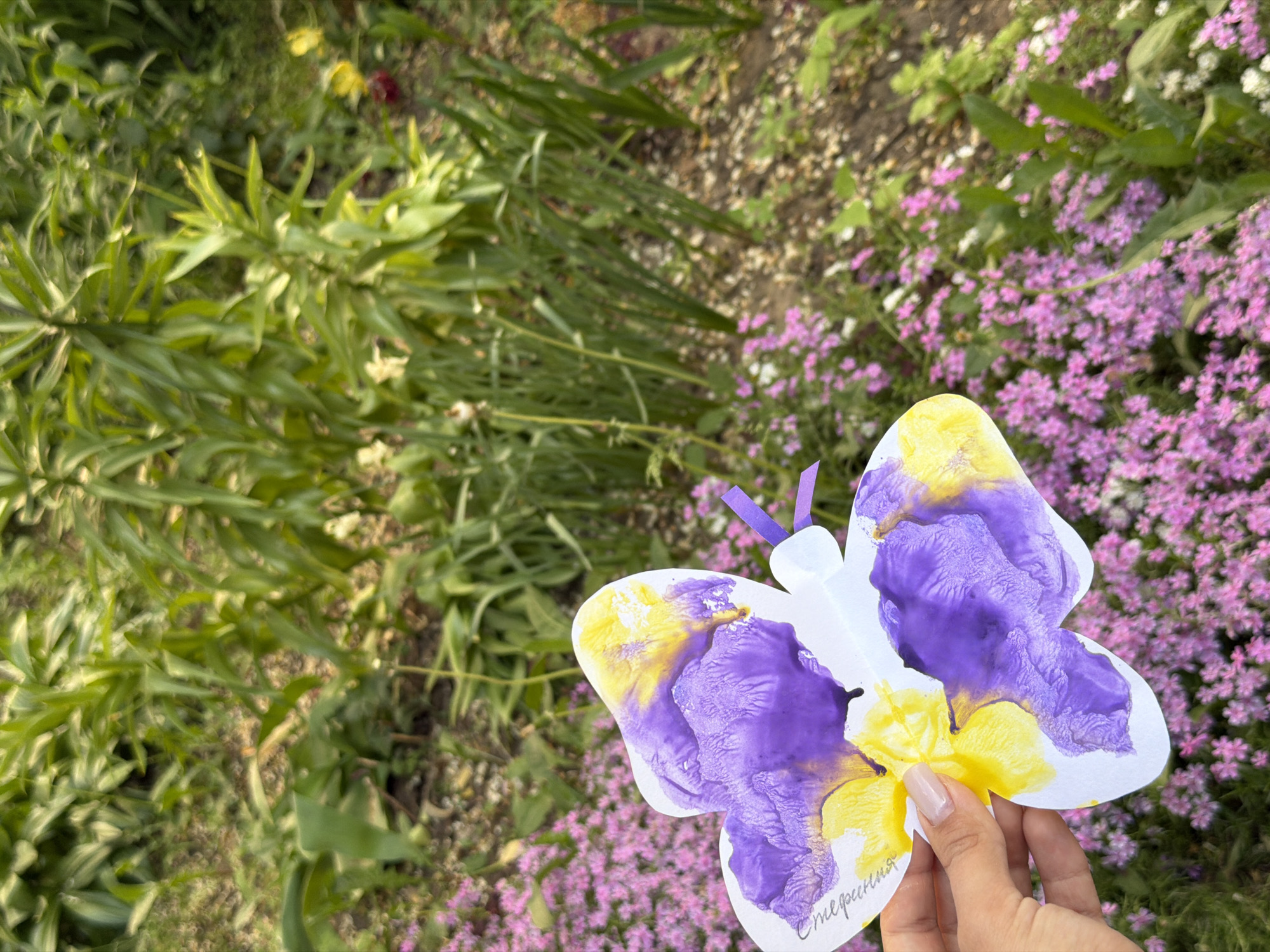 A person is holding a painted paper butterfly in front of a garden with small purple flowers and green foliage. The butterfly is decorated with purple and yellow paint. The scene is outdoors in daylight. "Стефания" is written on the butterfly. The specific location in the city of Chaikovsky, Russia cannot be determined from the image.