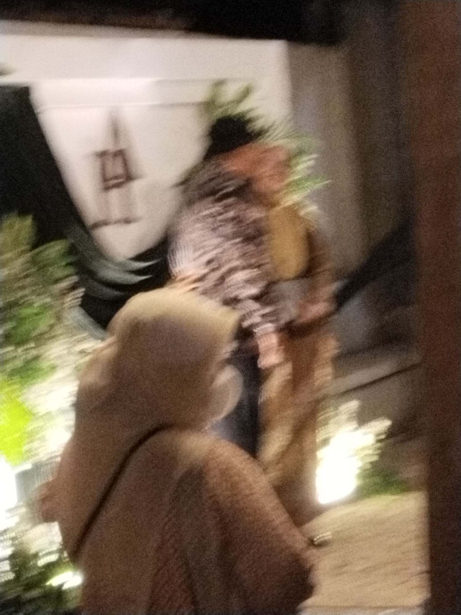 The image, captured in Serang, Indonesia, is a low-resolution, motion-blurred photograph of an indoor setting, possibly a venue or a private residence. In the foreground, a person wearing a light brown hijab is visible from the shoulders up, their head tilted slightly down. They appear to be wearing a textured garment. Behind this individual, another person is partially visible, wearing a patterned top. The background is indistinct, with hints of lighting and foliage, suggesting an ambient and possibly dimly lit environment. The overall impression is that of a candid, unposed moment, with the blur indicating movement during the photograph's capture.