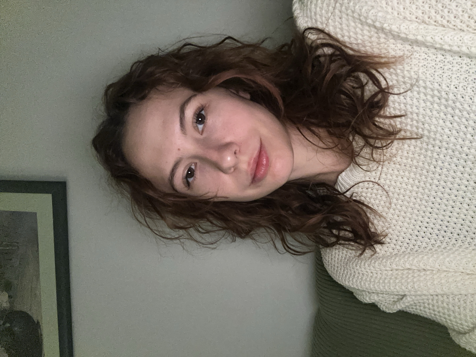 A portrait-style photograph captures a young woman looking directly at the camera with a soft, gentle smile. She has fair skin with subtle freckles across her nose and cheeks, and dark eyes. Her medium-length, wavy brown hair cascades around her face and shoulders. She is dressed in a light-colored, possibly cream or off-white, knitted sweater featuring a distinct textured pattern. A dark green, ribbed garment is visible beneath the sweater.
The background is a simple, plain light greenish-gray wall. To the left side of the frame, a section of a framed picture or artwork with a dark border is visible against the wall. The lighting is soft and even, suggesting an indoor setting under diffuse natural light or gentle artificial illumination. The woman's expression is relaxed and amicable. No specific activity is depicted other than posing for the photograph. There is no visible text in the image. The scene appears to be a casual, indoor environment.