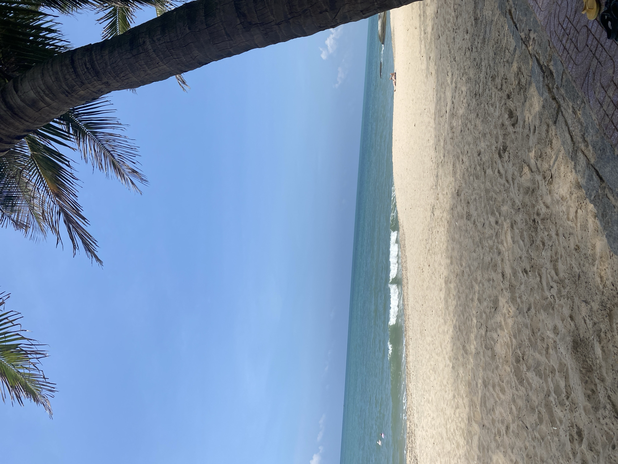 The scene depicts a sunny beach in Phu Thuy Ward, Vietnam. A clear, light blue sky with minimal, scattered white clouds meets a calm, teal-colored ocean where gentle, white-capped waves break on the shore. The beach foreground consists of light beige sand exhibiting footprints and sparse organic debris, partially shaded by an unseen object or a prominent palm tree. A large, textured palm tree trunk occupies the right side of the frame, extending from the bottom to the top edge, with its fronds visible in the upper right. Additional palm fronds are visible in the upper left corner. In the mid-left portion of the ocean, two individuals are present, one of whom is using a light-colored inflatable float. On the sand in the mid-right, one person is lying prone on a light-colored mat or towel, positioned near the waterline. A small rock formation is visible at the far right edge of the water. The bottom right corner of the image reveals a patterned concrete or stone walkway or steps, on which a pair of yellow flip-flops and a pair of dark sandals are placed.