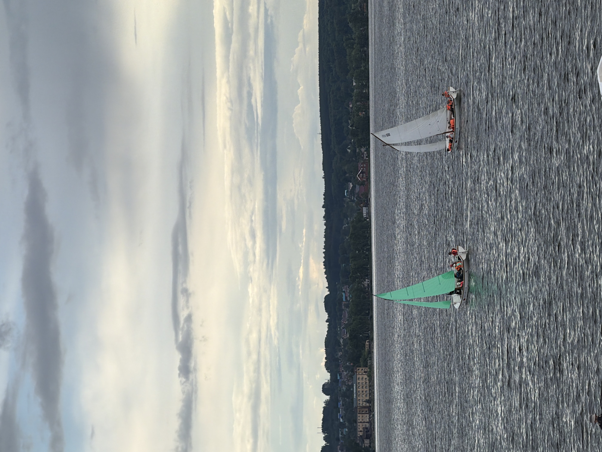 This image captures an outdoor scene of two small sailboats on a calm body of water, likely a lake or wide river, set against a distant forested shoreline under a partly cloudy sky. The image is oriented vertically, suggesting it should be viewed rotated clockwise by 90 degrees.
In the foreground, two sailboats are visible. The boat closer to the left features a bright green sail, while the one further right has a white sail. Each boat appears to be carrying several individuals, all wearing orange life vests, suggesting a safety-conscious activity. The white sail displays a boat identification number, which appears to be "RU 199" or "RU 166".
The water's surface is textured with small ripples, reflecting the light from the sky. In the background, a long, dark green treeline marks the distant shore. Scattered among the trees and along the waterline are various buildings, indicating some form of settlement. Notably, one of the buildings on the shore has Cyrillic text written vertically on its side, reading "ГОСТИНИЦА" (GOSTINITSA), which translates to "HOTEL".
The lighting suggests a late afternoon or early evening setting, with soft, diffused light from the clouds. The overall atmosphere appears peaceful and suitable for recreational sailing. The activity seems to be either a leisure outing or potentially a sailing lesson or competition. The location, given the "ГОСТИНИЦА" text, is consistent with the provided context of Novosolomenniki, Russia.