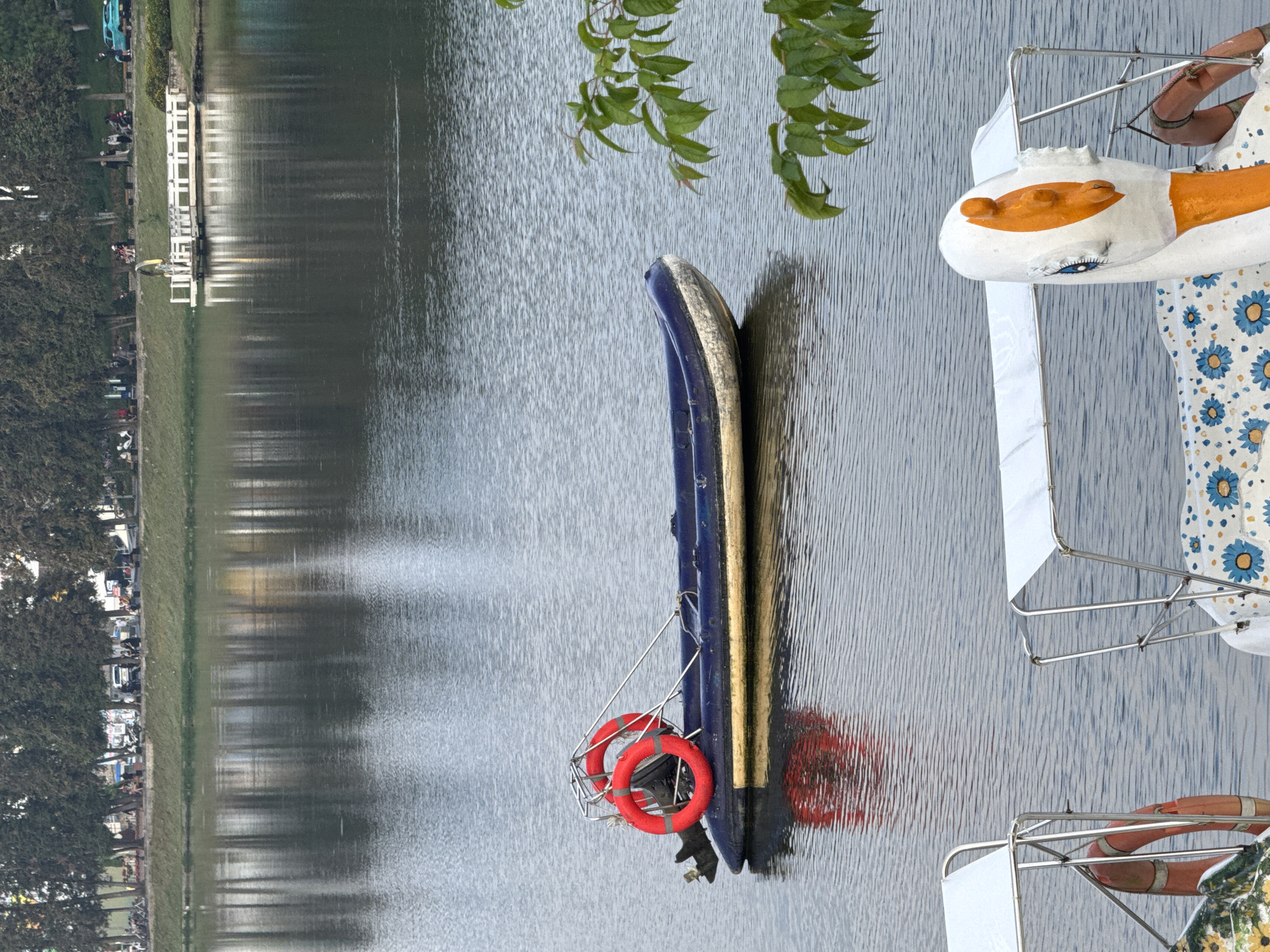 In Da Lat, Vietnam, an inflatable boat with two orange life preservers is moored on a calm lake. The boat is dark blue with a tan waterline and has a silver frame supporting the life preservers. In the foreground, two swan-shaped pedal boats with white canopies and floral-patterned seats are docked. One swan boat has a decorative blue and yellow floral pattern, and the other has a pattern of blue flowers. Behind the lake, a tree-lined bank is visible, with a white wooden pier extending into the water. People are seated on benches and walking along the embankment. A few vehicles, including a blue car, are parked near the shore. The overall scene depicts a peaceful recreational area by a lake in Da Lat.