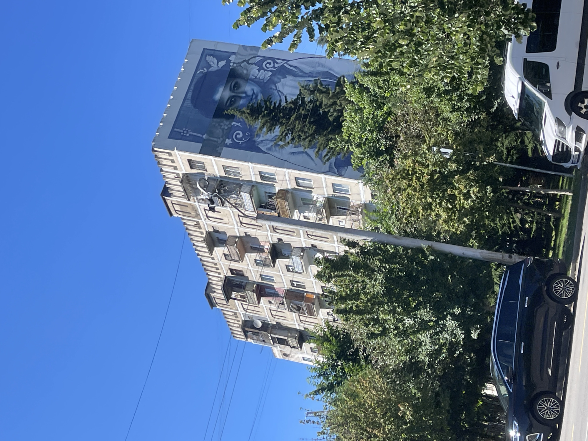 In Tbilisi, Georgia, a large mural of a woman's face is painted on the side of a multi-story apartment building. The mural is done in shades of blue and depicts the woman wearing a hat. The apartment building itself is weathered and appears to be older, with numerous balconies. Trees and foliage surround the base of the building, and utility poles and wires are visible. In the foreground, a black SUV and a white van are parked on the street. The sky is clear and blue.