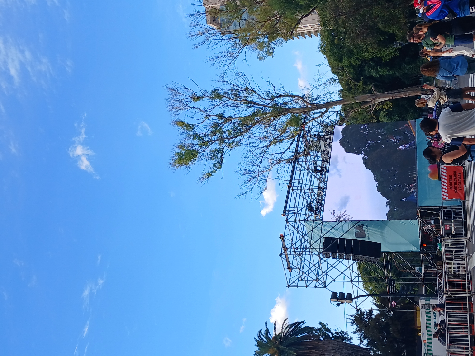 The image shows a street scene in Buenos Aires, Argentina. A large screen stands erected, with a tree and blue sky with scattered clouds visible behind the metal frame. A crowd of people stands watching, partially visible on the right side. There is a sign in Spanish related to traffic and bike lanes. A palm tree and street lights are visible. The sky is blue.