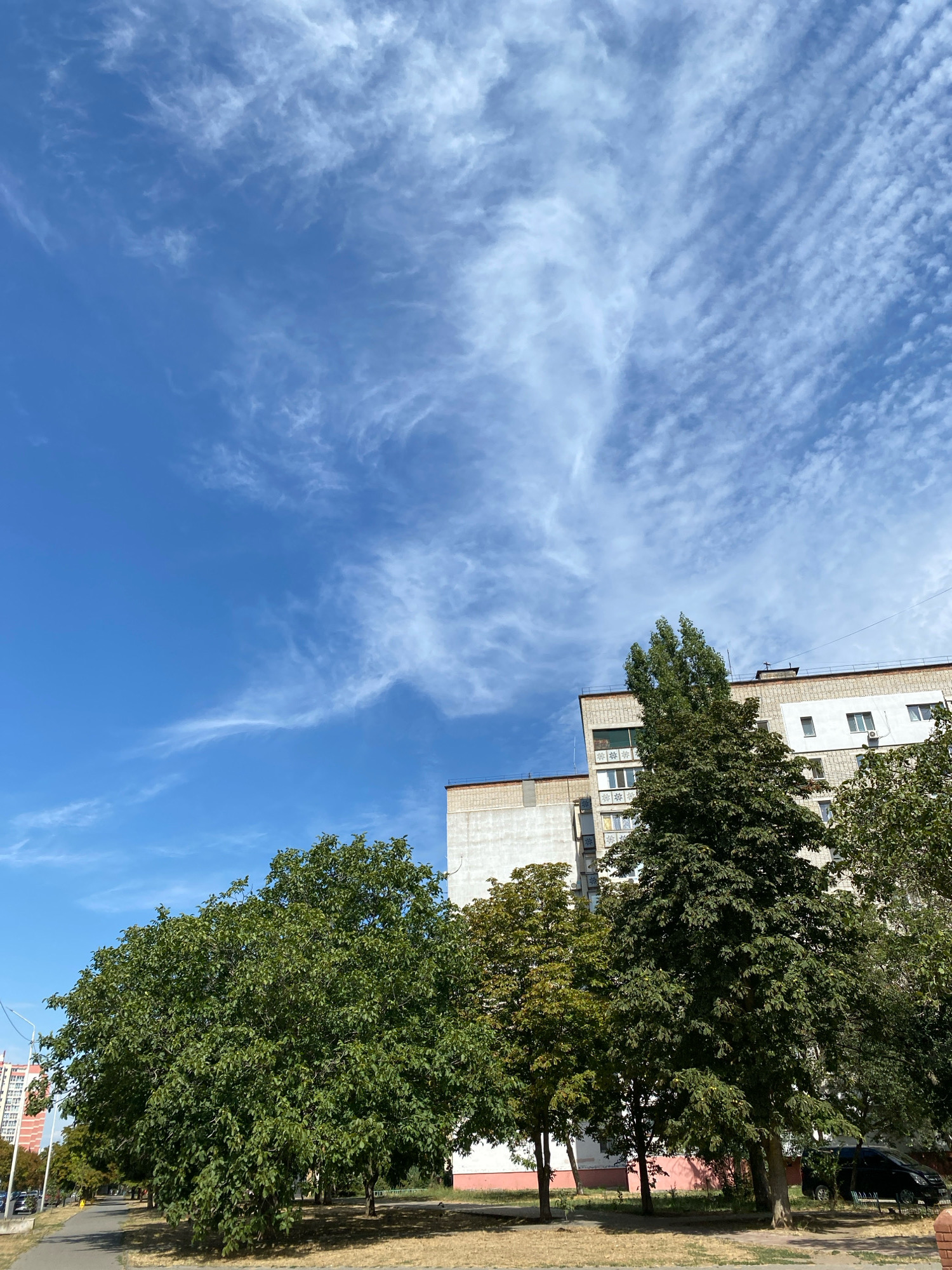 A clear blue sky with wispy, high-altitude clouds stretches above a line of trees and apartment buildings in the city of Chornomorsk, Ukraine. In the foreground, a paved walkway runs parallel to a grassy area with several large, leafy trees. Behind the trees, a light-colored, multi-story apartment building with visible windows and balconies stands prominently. The sky occupies a significant portion of the image, with the clouds forming delicate, feathery patterns. The overall scene suggests a bright, sunny day in a residential urban environment.