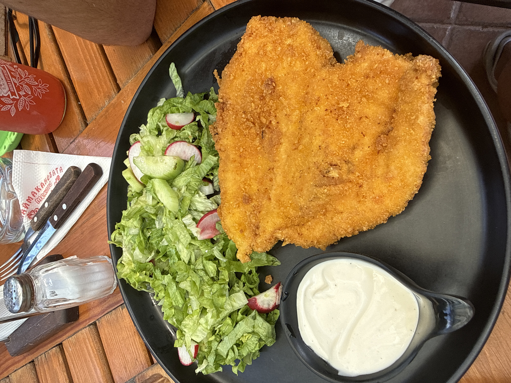 A close-up, overhead shot shows a meal on a dark plate on a wooden table. The meal consists of a large, breaded chicken cutlet, a salad of shredded lettuce with cucumber and radish slices, and a small dish of white sauce. To the left of the plate is a salt shaker and cutlery. In the background, a red beverage bottle with white leaf designs is visible. The scene appears to be outdoors, possibly at a cafe or restaurant with a rustic ambiance. The wooden table suggests a setting in Sofia, Bulgaria, perhaps at an establishment like a traditional Bulgarian mehana or a modern outdoor dining area. The lighting is natural and appears to be daylight. No people are clearly visible, but a hint of an arm on the right side of the frame suggests a person is present.