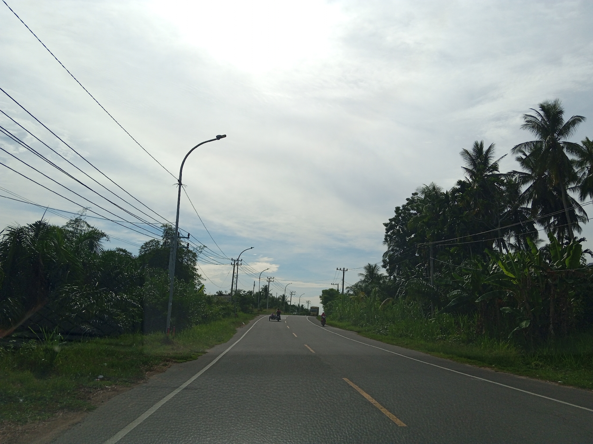The scene depicts a straight asphalt road in Payabeunyot, Indonesia, extending into the distance under an overcast sky. The sky is predominantly light grey with white cloud cover, showing some brighter areas and a faint blue hue in the upper left.
On the left side of the road, a grassy shoulder transitions into dense tropical vegetation comprising various leafy trees and shrubs. Multiple dark grey utility poles are present, supporting a complex network of black electrical wires that traverse the upper left quadrant of the frame. A prominent black streetlight fixture with a curved arm extends from one of the utility poles towards the road in the mid-ground. Further down, another similar streetlight is visible.
The right side of the road also features a grassy shoulder bordering dense, tall tropical foliage, including numerous palm trees and banana plants, forming a green wall that extends along the roadside. At least two utility poles are visible among the trees on this side, also carrying electrical wires.
The road itself is a two-lane paved surface with a solid yellow line marking the center and a solid white line defining the right edge of the carriageway. The pavement exhibits a textured appearance. In the distance, two vehicles are moving away from the viewer: a person on a three-wheeled motor vehicle (possibly a motorcycle with a sidecar) on the left side of the road, and another person riding a motorcycle on the right side. A larger vehicle, possibly a truck or bus, is faintly visible further down the road on the right. The overall lighting is diffused, consistent with an overcast day.