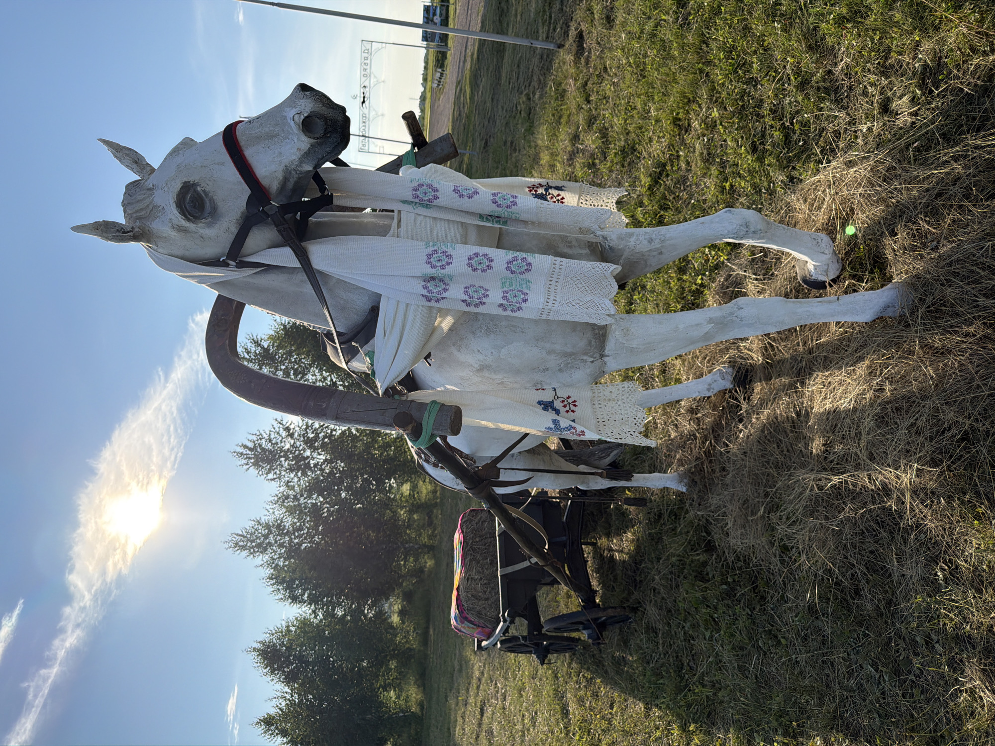 In the city of Аргамак, Russia, a white, life-sized horse sculpture stands in a grassy field under a bright, sunny sky with some clouds. The horse is decorated with a white embroidered cloth draped around its neck and over its back. A traditional wooden shaft harness is attached to the sculpture, connecting it to a two-wheeled cart. The cart, loaded with a bale of hay covered by a colorful blanket, is positioned behind the horse. Trees form a backdrop to the scene, and a road with a white archway is visible in the distance. The overall impression is of a static, decorative display, possibly for a local festival or event, set against a rural landscape bathed in sunlight.