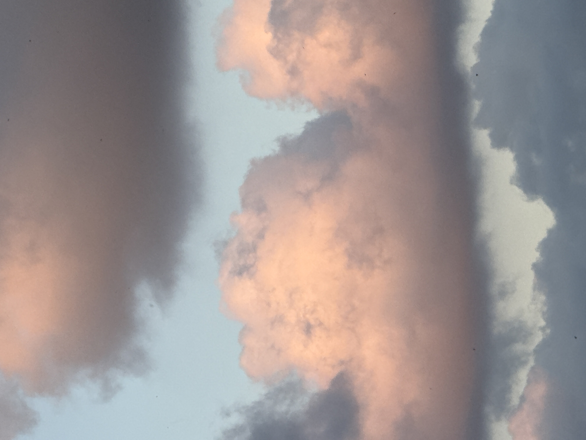 The image captures a sky scene in Tel-Aviv, Israel, featuring clouds at either sunrise or sunset. The clouds are predominantly colored with shades of pink and gray, indicative of the sun's reflection at a low angle. Patches of light blue sky peek through the cloud formations. The image lacks any ground elements or people, focusing solely on the atmospheric conditions.