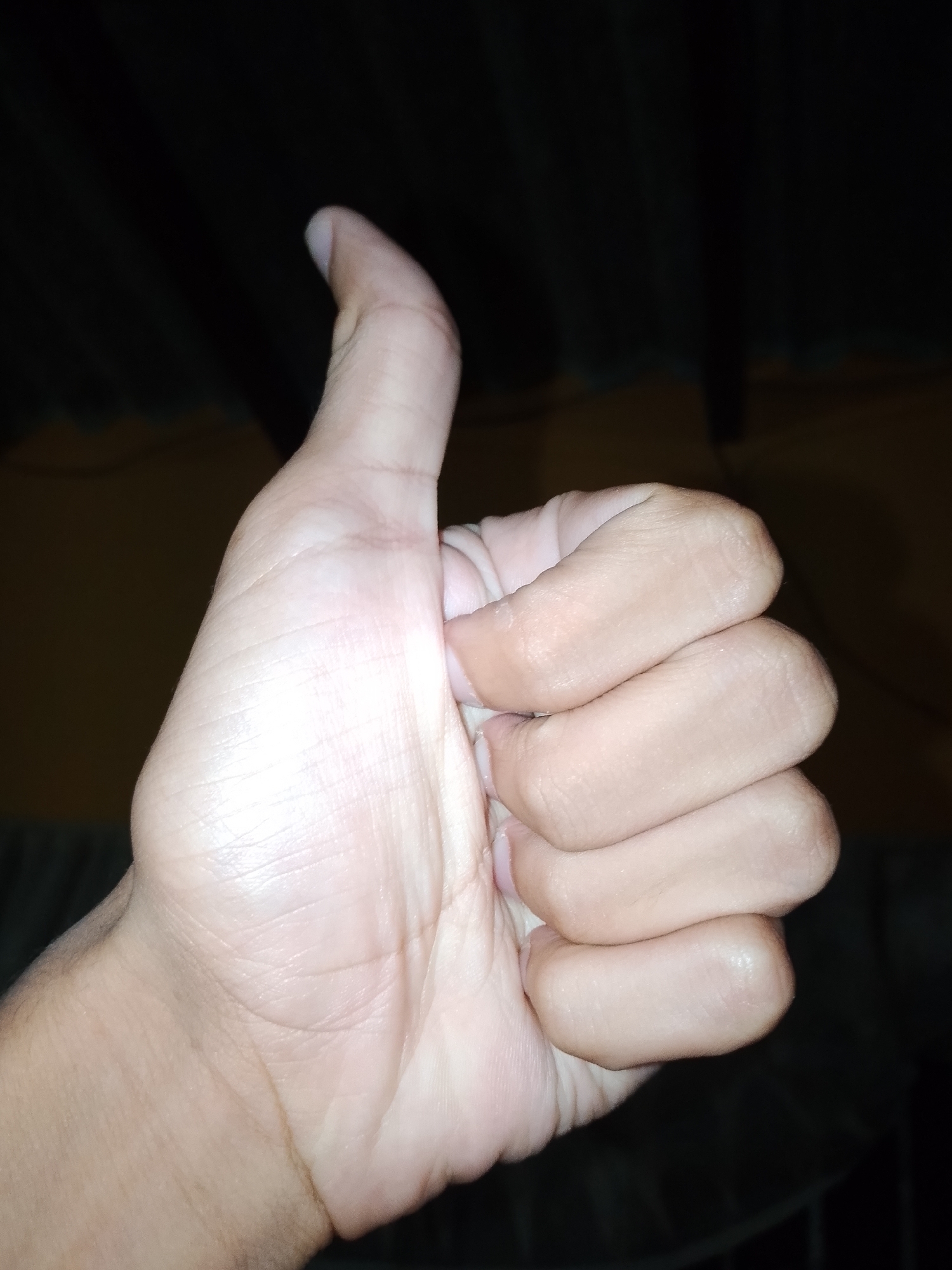 A close-up, low-angle shot shows a person's left hand making a "thumbs up" gesture against a dark, out-of-focus background. The hand is illuminated from the front, highlighting the skin texture, lines, and the fingernail of the thumb. The thumb is extended upwards and slightly to the right, while the fingers are curled inwards towards the palm. The background appears to be a dark wall with some textured elements, possibly fabric or corrugated metal, and a dark, blurry floor or surface. There is no visible indication of the location being Santa Ana, Venezuela; the image is a close-up of a hand gesture with a generic dark background.