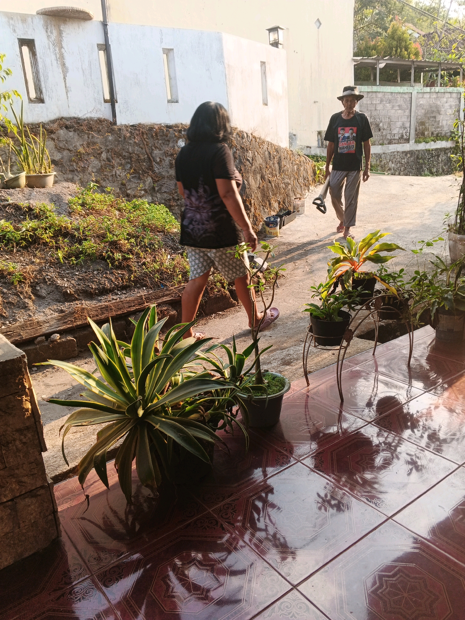 In the city of Keji, Indonesia, a man wearing a black t-shirt with a political slogan and a hat walks down a paved path holding a gardening tool. He is walking away from the camera, toward a building. In the foreground, there are several potted plants, including a large agave plant. The ground is covered with patterned tiles that reflect the sunlight and the shadows of the plants. The background shows a white building with rectangular windows and a stone wall. The overall scene suggests an outdoor residential area bathed in the warm light of the sun.