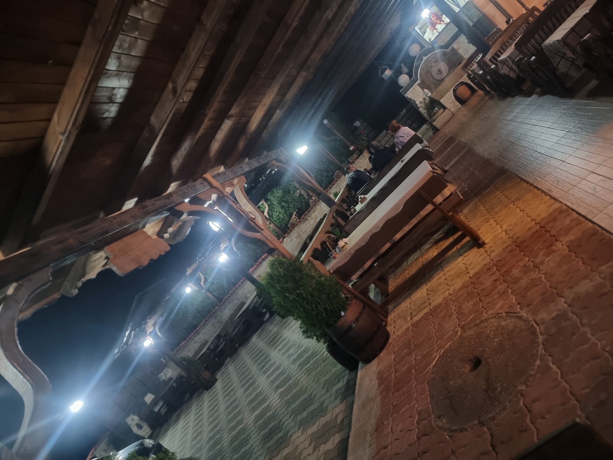 Captured from a low angle under a wooden structure, the image portrays an outdoor dining area with a mix of brick and paved flooring. Several tables and chairs, arranged for patrons, hint at a restaurant setting. A couple of people are seated at one of the tables. Potted plants are sparsely scattered around the area. The location is possibly Banichan, Bulgaria.