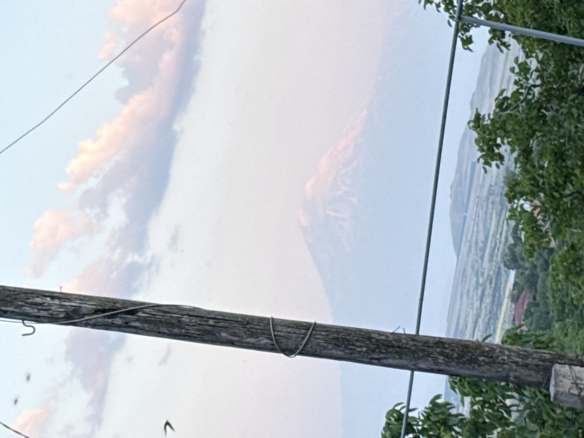 A wooden utility pole stands in the foreground, its weathered surface etched with vertical grain. A wire is wrapped around the pole multiple times, forming a coil. In the background, a distant mountain peak is visible through a hazy atmosphere, its summit possibly snow-capped. The sky above is a soft blend of light blue and pale pink, with scattered clouds tinged by the same rosy hue. The landscape below the mountain consists of rolling hills, dotted with trees and what appears to be a small settlement with red-roofed buildings. Green foliage from trees in the foreground partially obscures the view of the landscape.