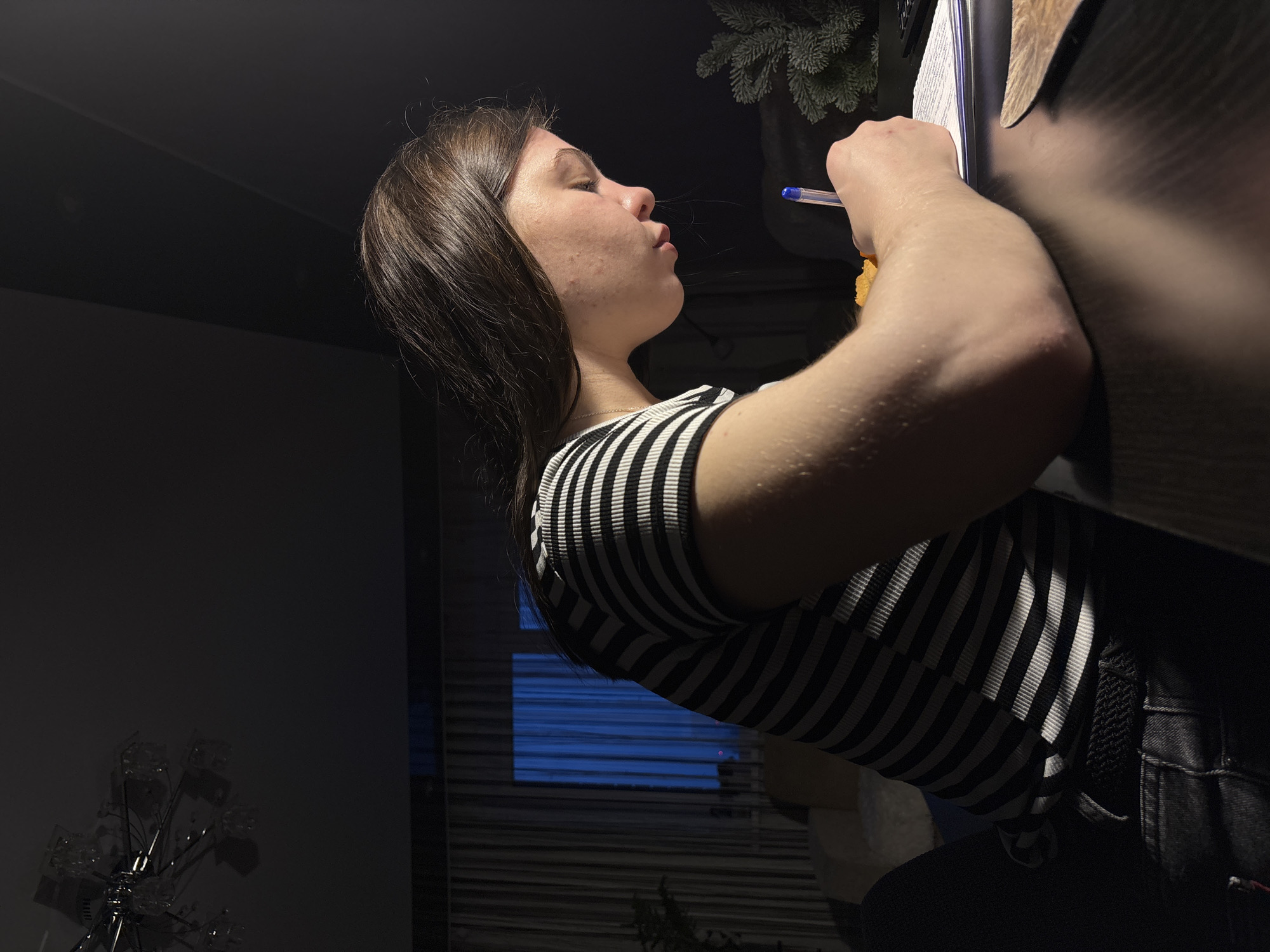 A young woman is seated at a desk, seemingly studying or writing. She is wearing a black and white striped shirt and denim overalls. She holds a pen in her hand, poised above what appears to be a notebook on the desk. Her face is turned in profile, with her gaze directed towards the desk. The room is dimly lit. A window with partially closed blinds is visible in the background. A decorative floral arrangement is visible in the foreground to the left of the subject. Based on available information, the location is Perm, Russia.