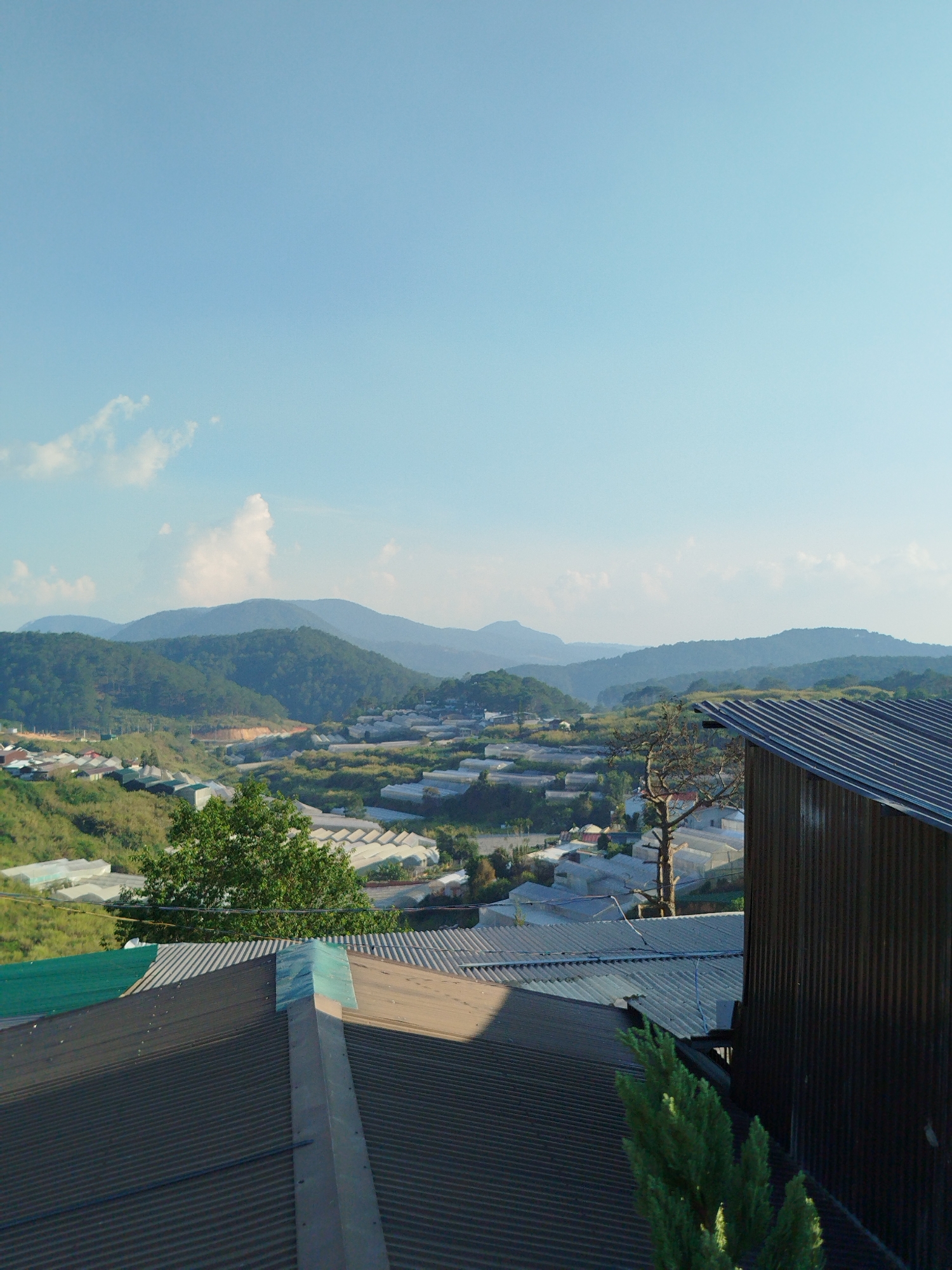 The image shows an elevated view of Da Lat, Vietnam, characterized by a landscape of rolling hills and mountainous terrain. In the distance, a range of softly outlined mountains is visible under a pale blue sky with scattered, indistinct clouds. The midground is filled with a dense network of greenhouses, clustered together in what appears to be an agricultural region. In the foreground, there is a collection of corrugated metal rooftops, with different colors and weathering patterns. A dark, vertical structure to the right suggests the presence of a building. Vegetation including trees and smaller plants can be seen amidst the rooftops and down the hillside. There are no people visible in the image.