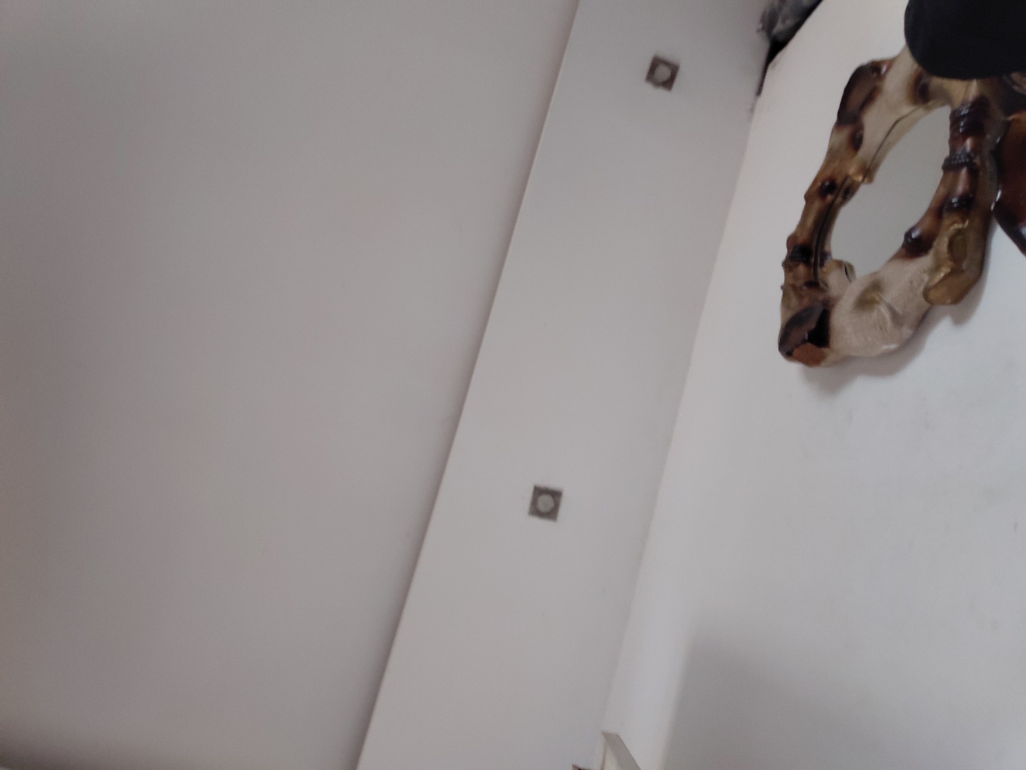 This is an indoor photograph taken from a low, upward-angled perspective, showcasing architectural details and a decorative object. The primary subjects are the ceiling and an adjacent wall or beam, painted in a light off-white or light grey color. These surfaces create strong diagonal lines, dividing the frame.
Two square, recessed light fixtures are visible on the prominent vertical surface, positioned vertically along its length. These lights appear to have dark grey or black interiors.
On the far right side of the image, a distinctive decorative object is partially captured. This object appears to be a mirror with a highly textured, irregular frame, resembling gnarled wood, branches, or possibly sculpted resin. The frame features a varied palette of warm browns, beige, and darker, almost black, accents, giving it an organic and somewhat rustic aesthetic. The mirror's reflective surface is largely obscured or reflecting a dark, indistinct area.
The scene is static, with no human subjects or visible activity taking place. The indoor setting implies artificial lighting, likely from the recessed fixtures. There is no visible text in the image. The image provides no specific visual cues to determine the time of day or further pinpoint its location within Santa Ana, Venezuela, beyond the provided context. The overall impression is one of a modern or contemporary interior design with a unique decorative element.