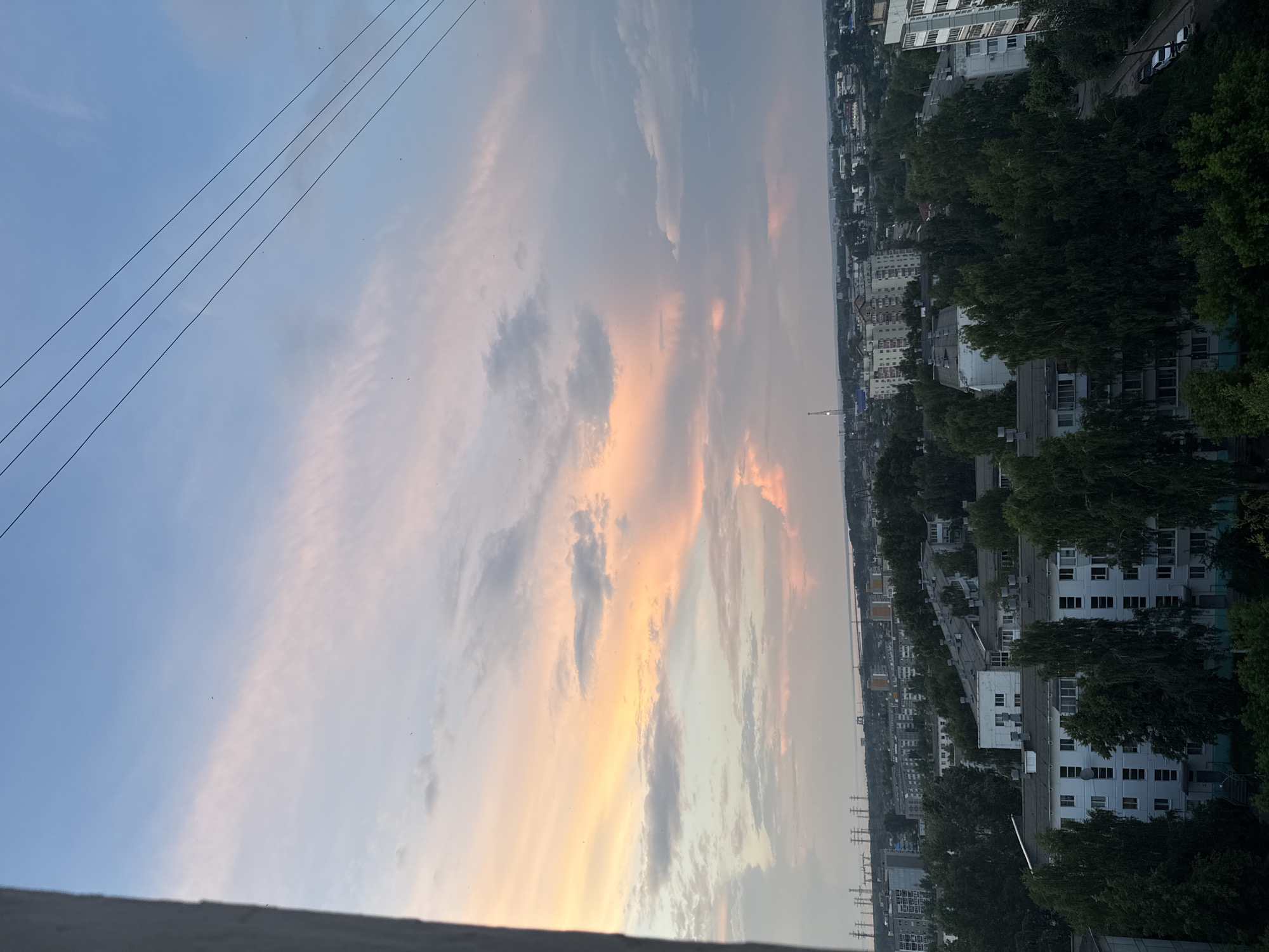 The image depicts a panoramic view of an urban landscape under a sky filled with pastel-colored clouds, suggesting either sunrise or sunset. The city is characterized by a dense collection of apartment buildings of varying heights, interspersed with abundant green trees that contribute to a somewhat overgrown appearance. Power lines are visible crisscrossing the upper portion of the frame. In the background, taller industrial structures and a body of water can be discerned. The foreground shows a sliver of a white, textured wall, possibly part of a building the photo was taken from. The overall scene conveys a sense of residential density within a city, softened by the natural elements of trees and the dramatic sky.