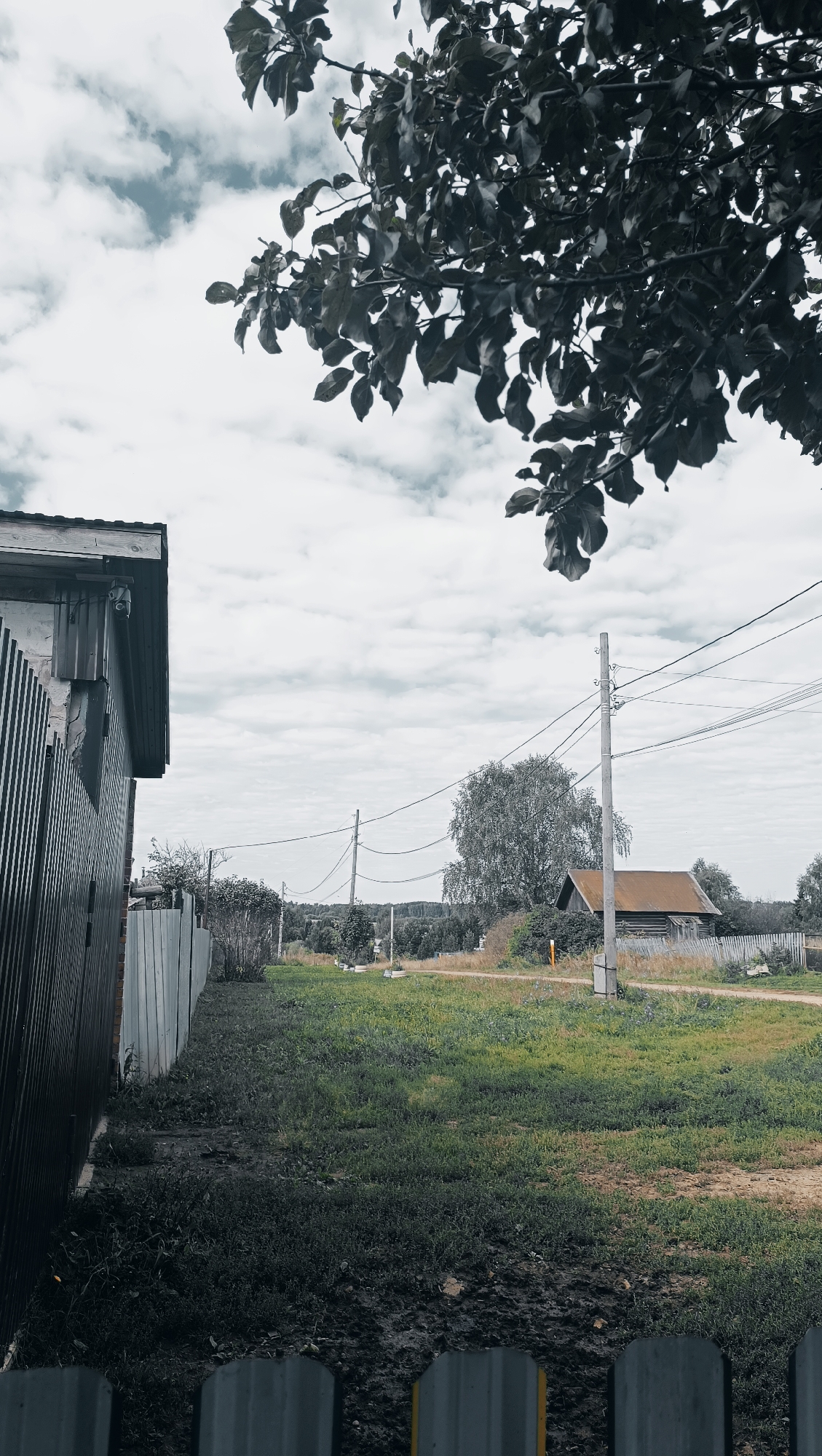The image shows a rural scene with a weathered wooden building, a metal fence, and an overhead tree branch. The sky is overcast with dramatic clouds. In the distance, a dirt road winds through a grassy field, past power lines and a small wooden house with a rusty roof. The overall impression is one of a quiet, possibly abandoned, rural setting. This scene could be anywhere in Russia, but without further information, it's impossible to determine the specific location within the city of Karsha.