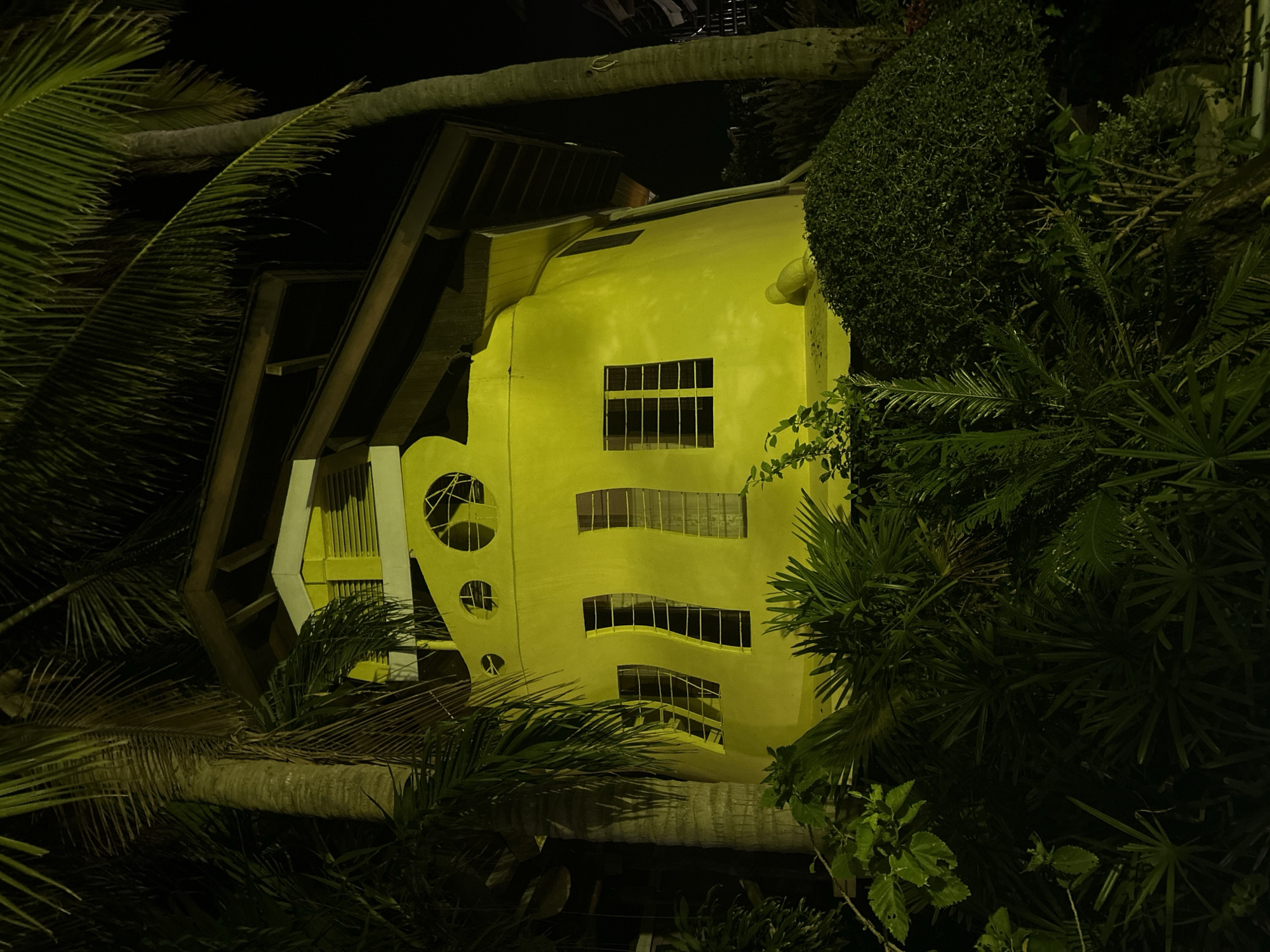 A nighttime view depicts a yellow building in Ban Haad Rin, Thailand. The structure is partially obscured by lush tropical vegetation, including palm trees and various shrubs. The building features three levels with irregularly shaped windows and round porthole-style openings on the facade. The lighting is dim, highlighting the yellow paint and architectural details. A tree trunk runs horizontally across the bottom of the image. The sky is not visible.