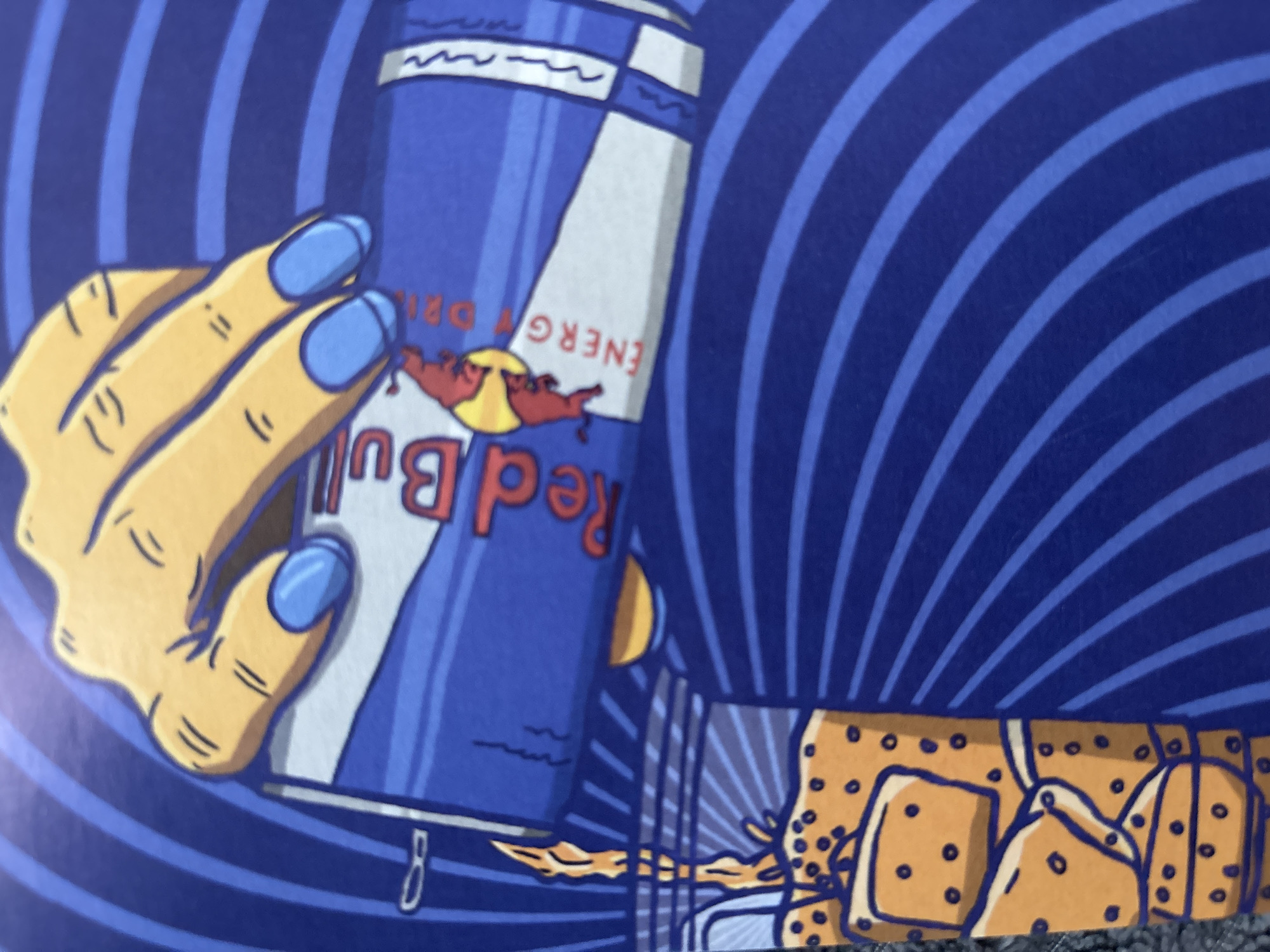 The image depicts a hand holding a Red Bull energy drink can. The hand has light skin and blue nail polish. The background consists of concentric blue lines. Below the hand, there is a depiction of a surface with a pattern resembling bandages or adhesive plasters. There is no discernible location in Votkinsk, Russia, or any clear indication of a real-world setting. It seems to be an artistic illustration rather than a photograph of a specific place.