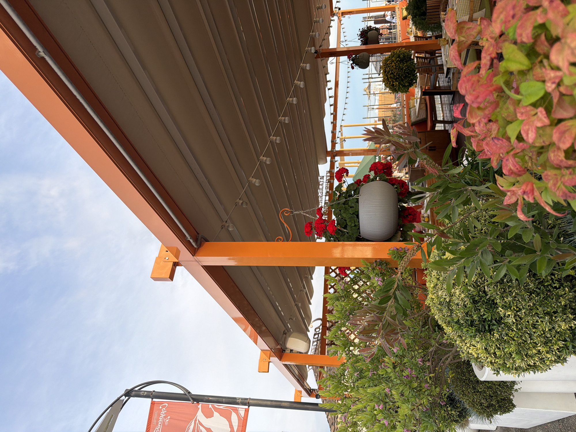 The image depicts an outdoor seating area, likely a cafe or restaurant, with an orange awning providing shade. The awning is supported by orange metal beams. String lights with small bulbs are visible, extending along the underside of the awning. Hanging plants with red flowers and lush green foliage add a decorative touch to the scene. In the background, glimpses of tables and chairs suggest a dining setting. A white, textured pot containing red flowers is prominently featured in the foreground.
The time of day appears to be daytime, with natural light illuminating the scene. The sky is visible and appears clear with a few wispy clouds, indicating fair weather. The setting is an urban or semi-urban environment, with elements of outdoor dining and landscaping. No specific activities are clearly depicted, but the setup suggests a place for relaxation and dining.
There are no people clearly visible in the image. Notable details include the vibrant orange of the awning and supports, the delicate string lights, and the variety of plants. The overall impression is one of an inviting and well-decorated outdoor space.
There is some visible text on a red banner in the lower left corner of the image, however, the text is partially obscured and upside down, making it illegible. The background also shows some scaffolding or construction, hinting at ongoing development or renovations in the vicinity. The location context is Sochi, Russia.