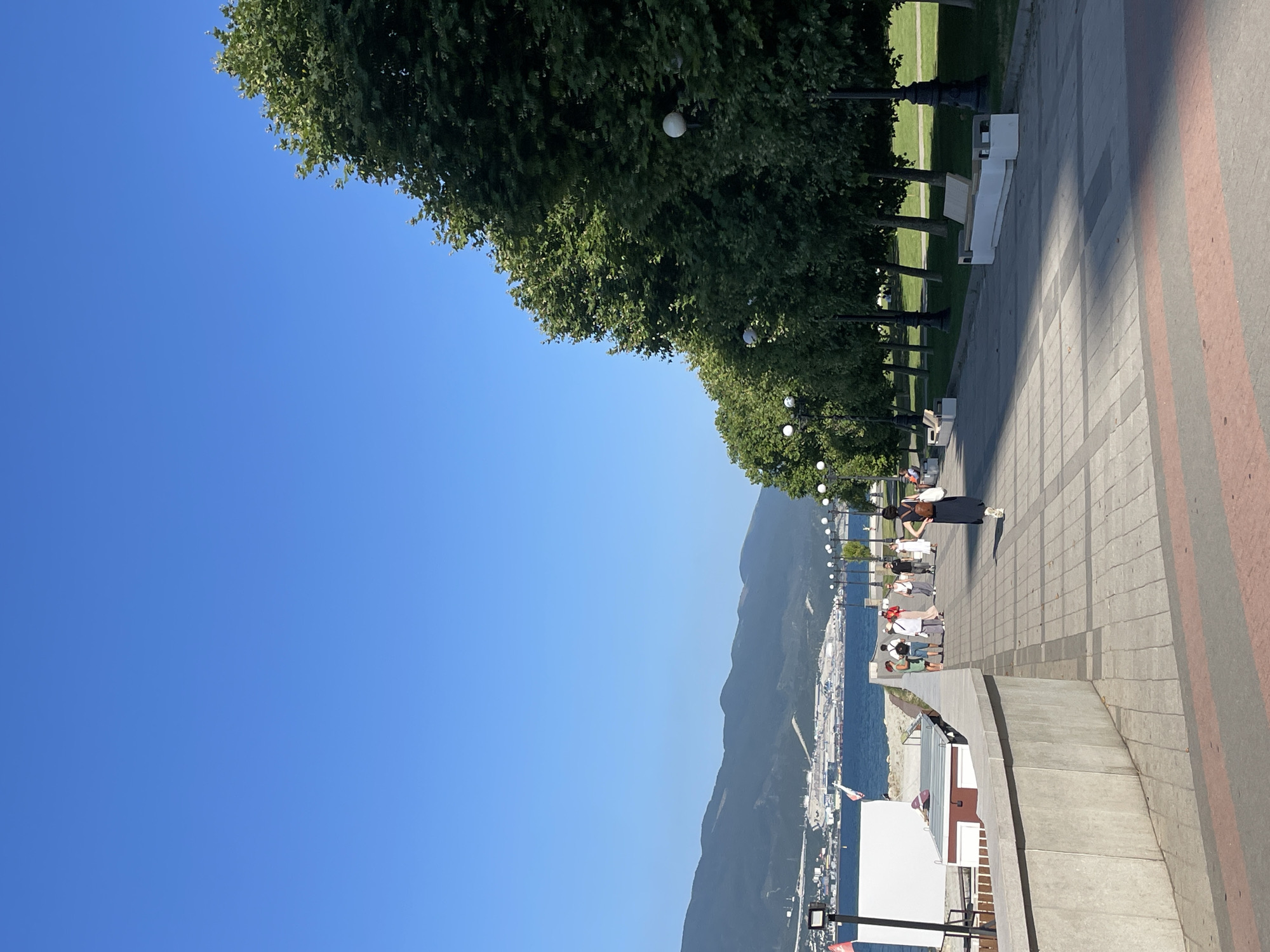 This is a vertical, eye-level outdoor photograph taken during the daytime on a clear, sunny day. The scene depicts a picturesque waterfront promenade with a tree-lined walkway and a view of a distant mountain range and a body of water.
The foreground features a paved walkway with a patterned design of grey and reddish-brown rectangular tiles. Several white benches are strategically placed along the walkway, some occupied by people. A line of lush green trees with full canopies runs along the left side of the walkway, casting dappled shadows. Beyond the trees, a well-maintained grassy area is visible.
Several people are scattered along the promenade, some walking and others seated on the benches, enjoying the view. They are casually dressed, suggesting a relaxed atmosphere. A woman in a dark dress and a man in a white shirt and shorts are visible near the front of the promenade, while a group of people are seated on a bench further down.
In the background, a vast expanse of calm blue water stretches towards a mountainous coastline. The mountains are covered in a mix of green vegetation and rocky outcrops. A town or city is visible along the shoreline at the base of the mountains, with numerous buildings and structures, possibly indicating a port or coastal settlement.
Notable details include the bright blue sky, the strong sunlight creating distinct shadows, and the orderly arrangement of trees and benches, suggesting a well-developed public space. The overall mood of the image is peaceful and serene, with people enjoying a leisurely day outdoors. There is no visible text in the image.