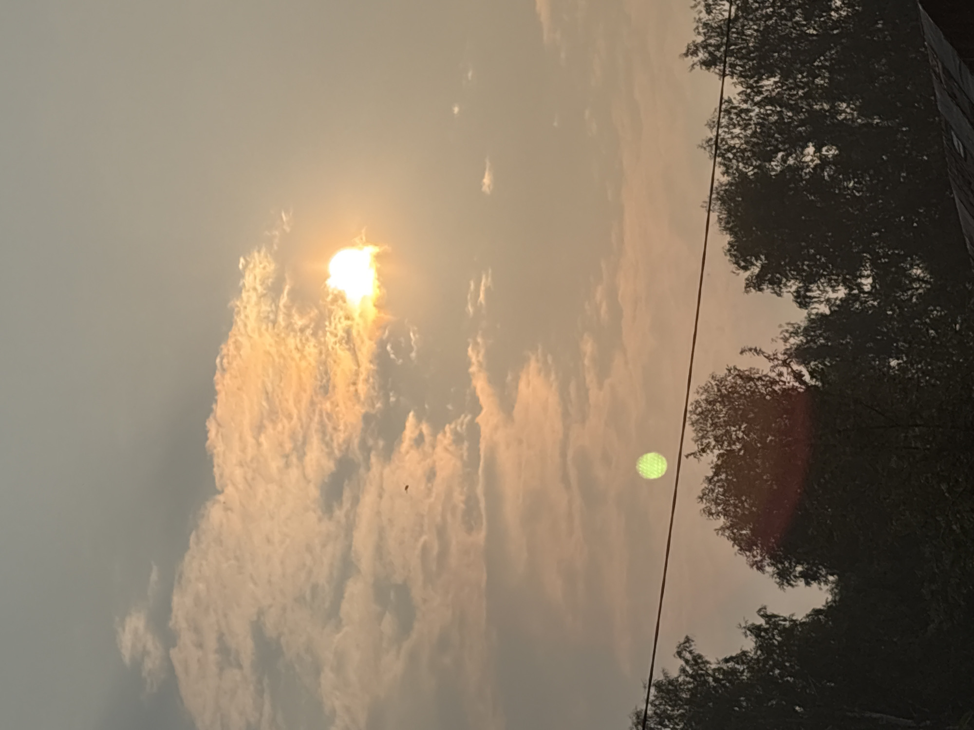 The image shows a landscape scene during sunset in Dubrovino, Russia. The sky is filled with clouds, illuminated by the warm glow of the setting sun. A bright sun is visible through a gap in the clouds, casting rays of light. Below the clouds, a smaller, greenish circular object is seen, possibly a lens flare or another atmospheric phenomenon. In the foreground, the tops of dark, silhouetted trees are visible against the sky, with a thin wire running horizontally across the frame. The overall atmosphere is serene, with the colors of the sunset creating a tranquil mood.