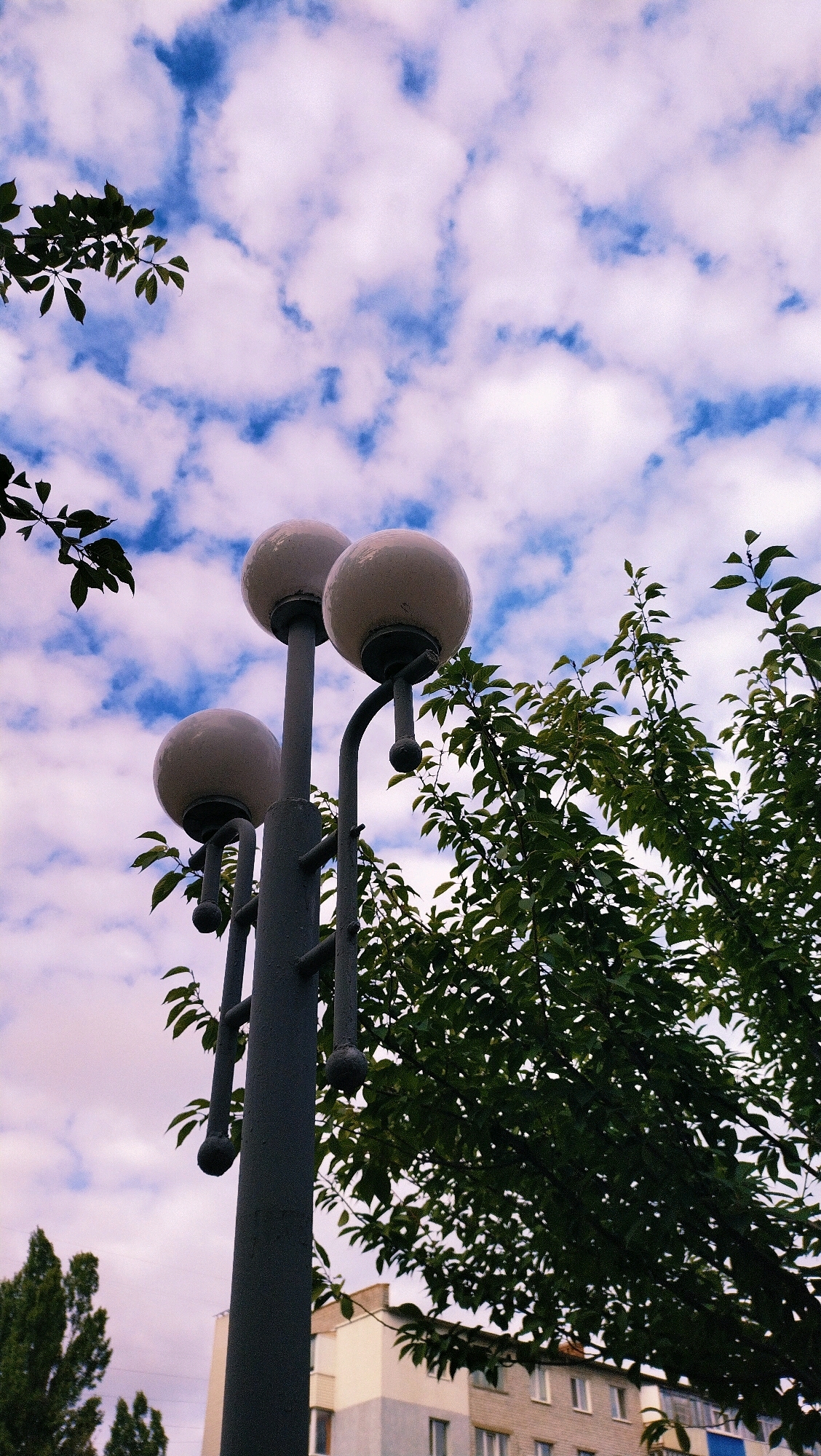 An outdoor, low-angle, vertical, medium shot captures a grey lamppost with three spherical, off-white light fixtures against a backdrop of a partly cloudy blue sky. The lamppost is positioned to the left of the frame, with its lights extending upward. Dense green foliage from a tree on the right partially obscures the sky and the right side of the lamppost. In the lower right quadrant, the upper section of a multi-story building with light-colored walls and windows is visible. The scene is set in the city of Horishni Plavni, Ukraine, during daylight.