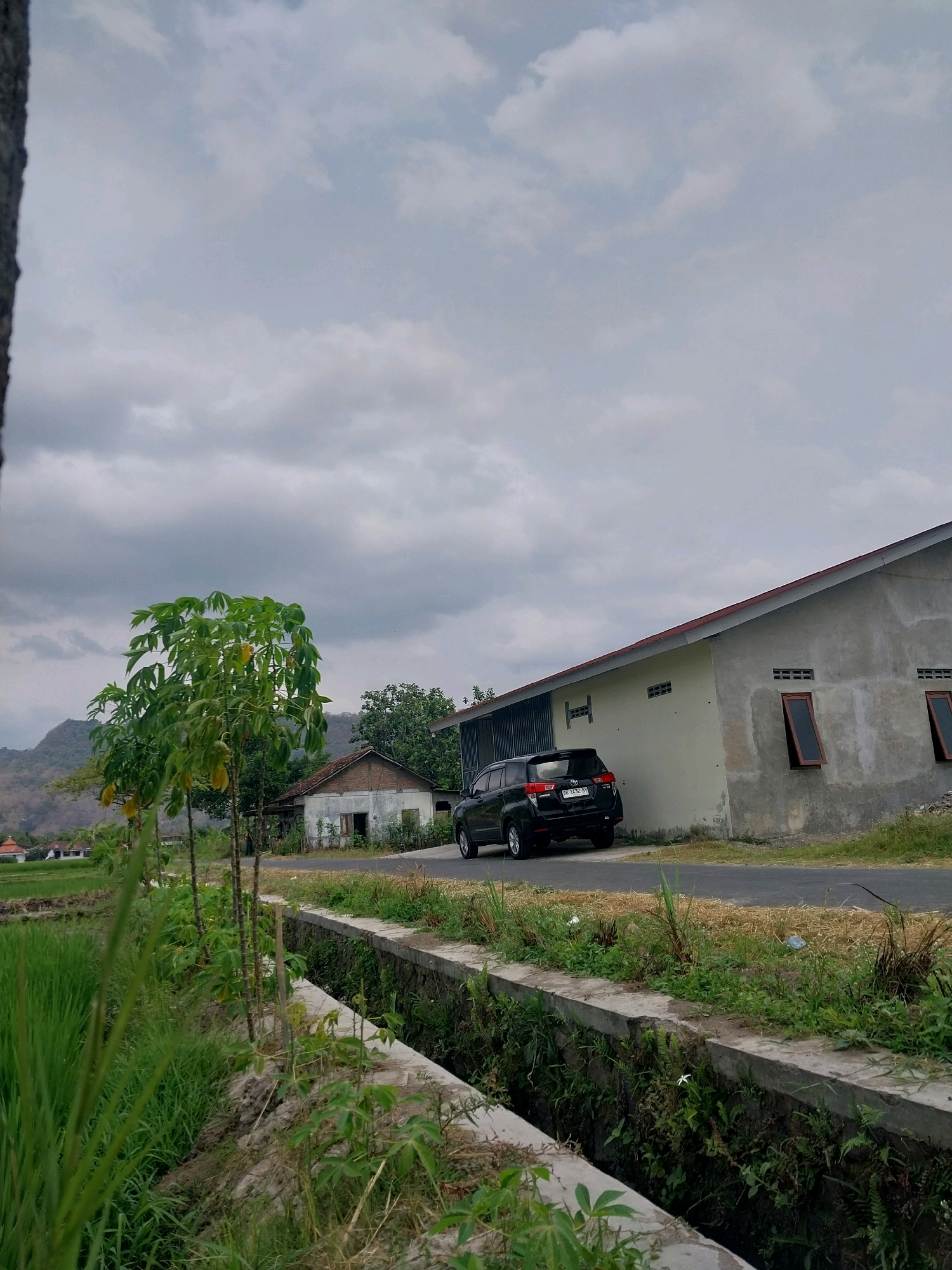 The image depicts a roadside scene in the village of Cucukan, Indonesia. In the foreground, a narrow concrete drainage ditch runs parallel to a paved road, bordered by lush green rice paddies on the left and overgrown vegetation on the right. Several young trees with large green leaves are planted along the edge of the road.
Further down the road, a dark-colored SUV is parked in front of a light-colored building with a red-tiled roof. The building has a simple, unfinished concrete exterior with two rectangular windows open on the side facing the road. Another smaller, older building with a brick roof and whitewashed walls is visible behind the trees. In the background, rolling hills are visible under a cloudy sky. There are no people visible in the image.